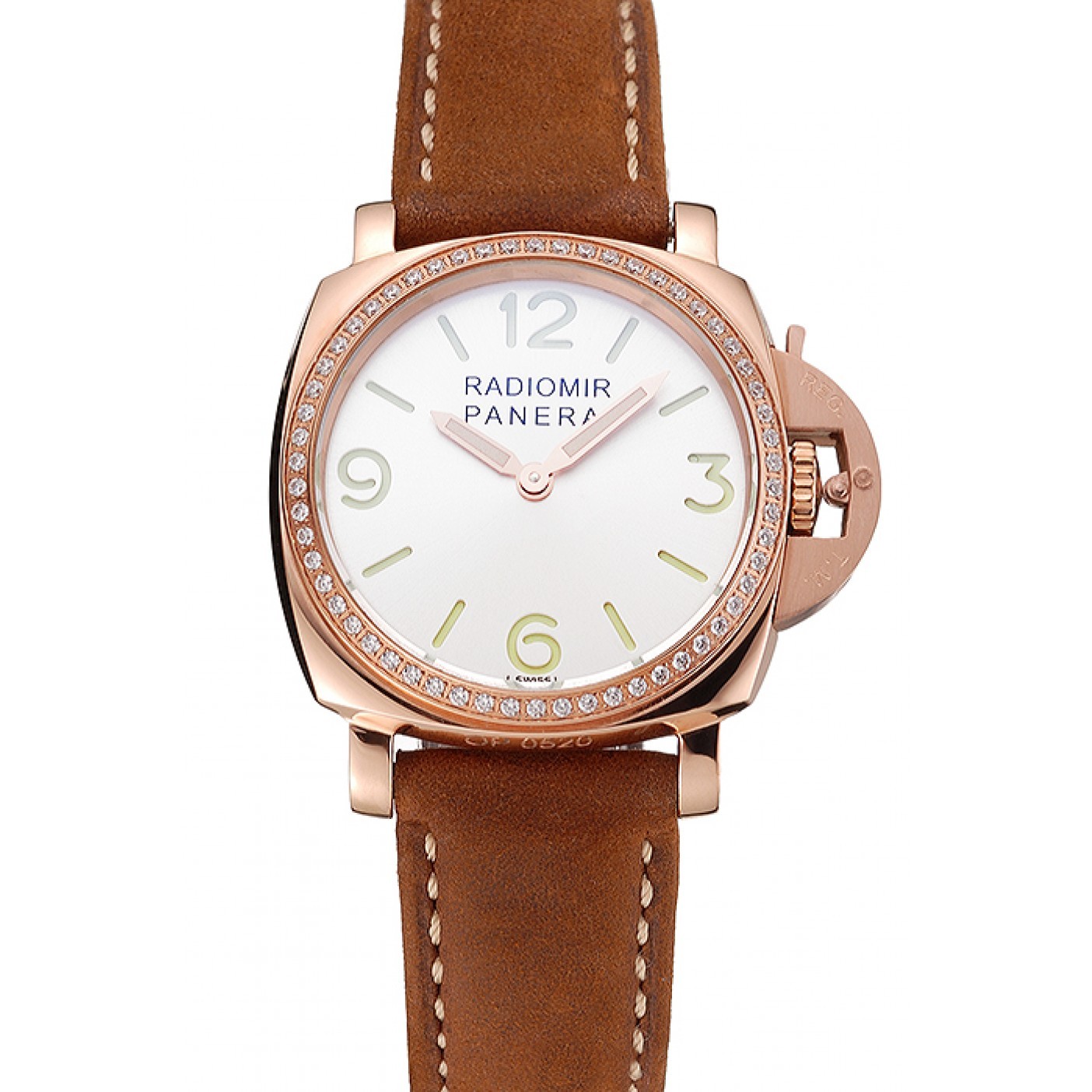 MiroTime Panerai Radiomir White Dial Diamond Bezel Rose Gold Case Brown Suede Leather Strap 1453799