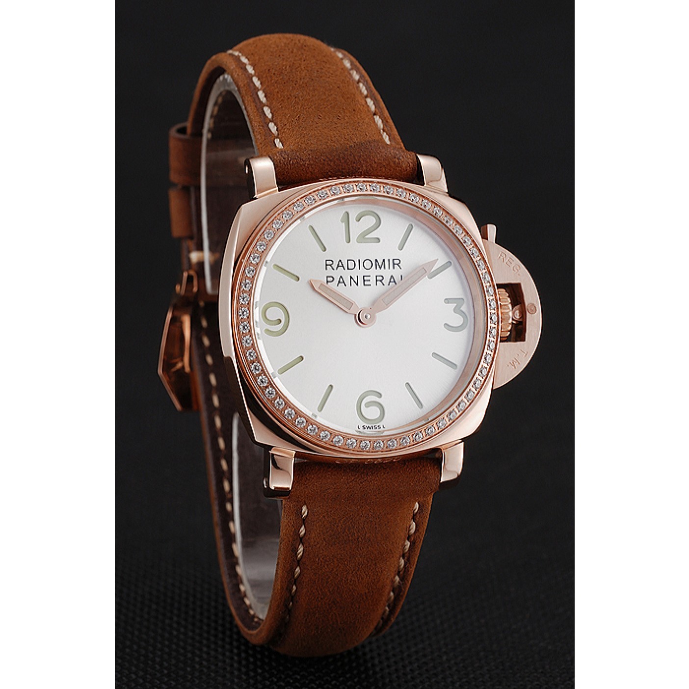 MiroTime Panerai Radiomir White Dial Diamond Bezel Rose Gold Case Brown Suede Leather Strap 1453799