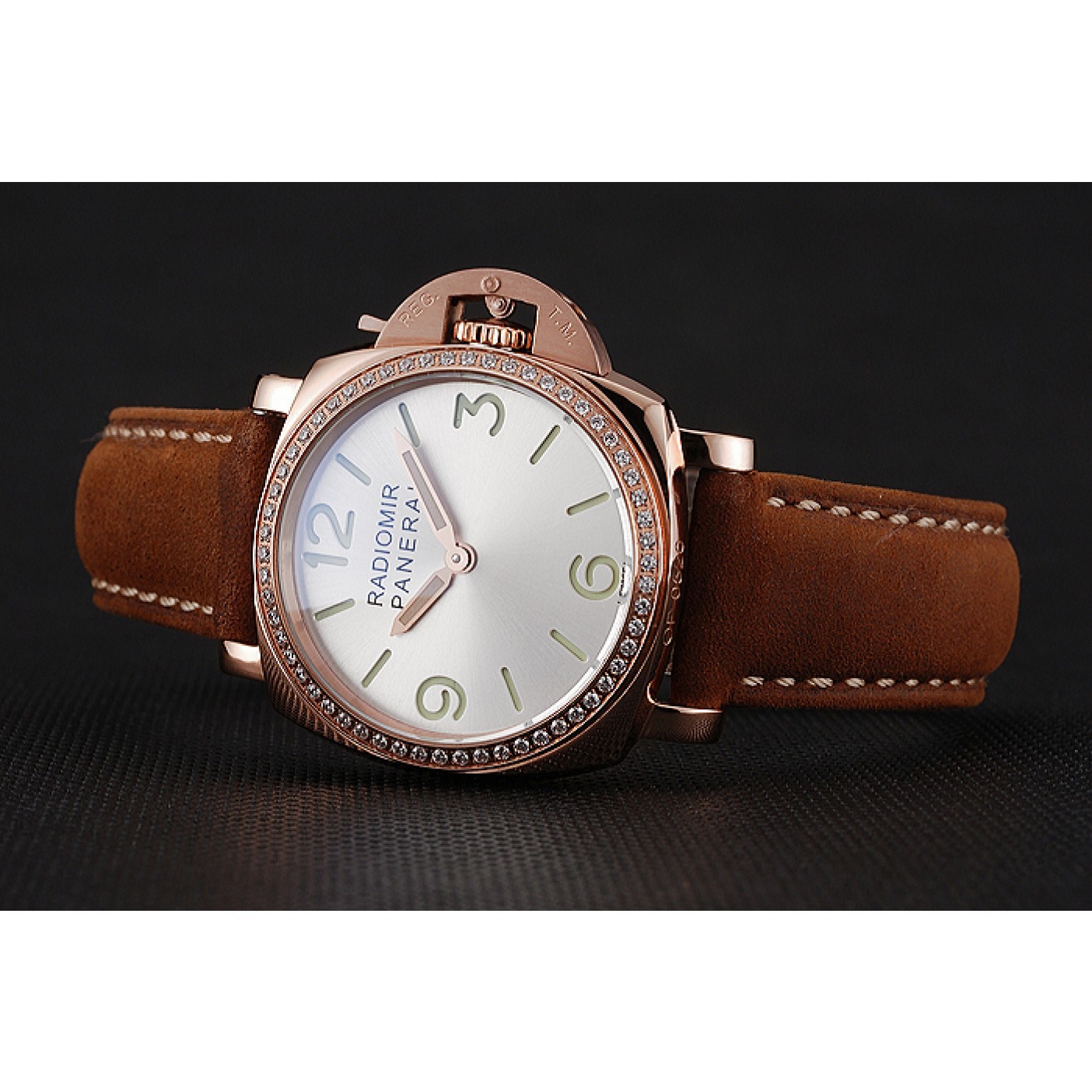 MiroTime Panerai Radiomir White Dial Diamond Bezel Rose Gold Case Brown Suede Leather Strap 1453799