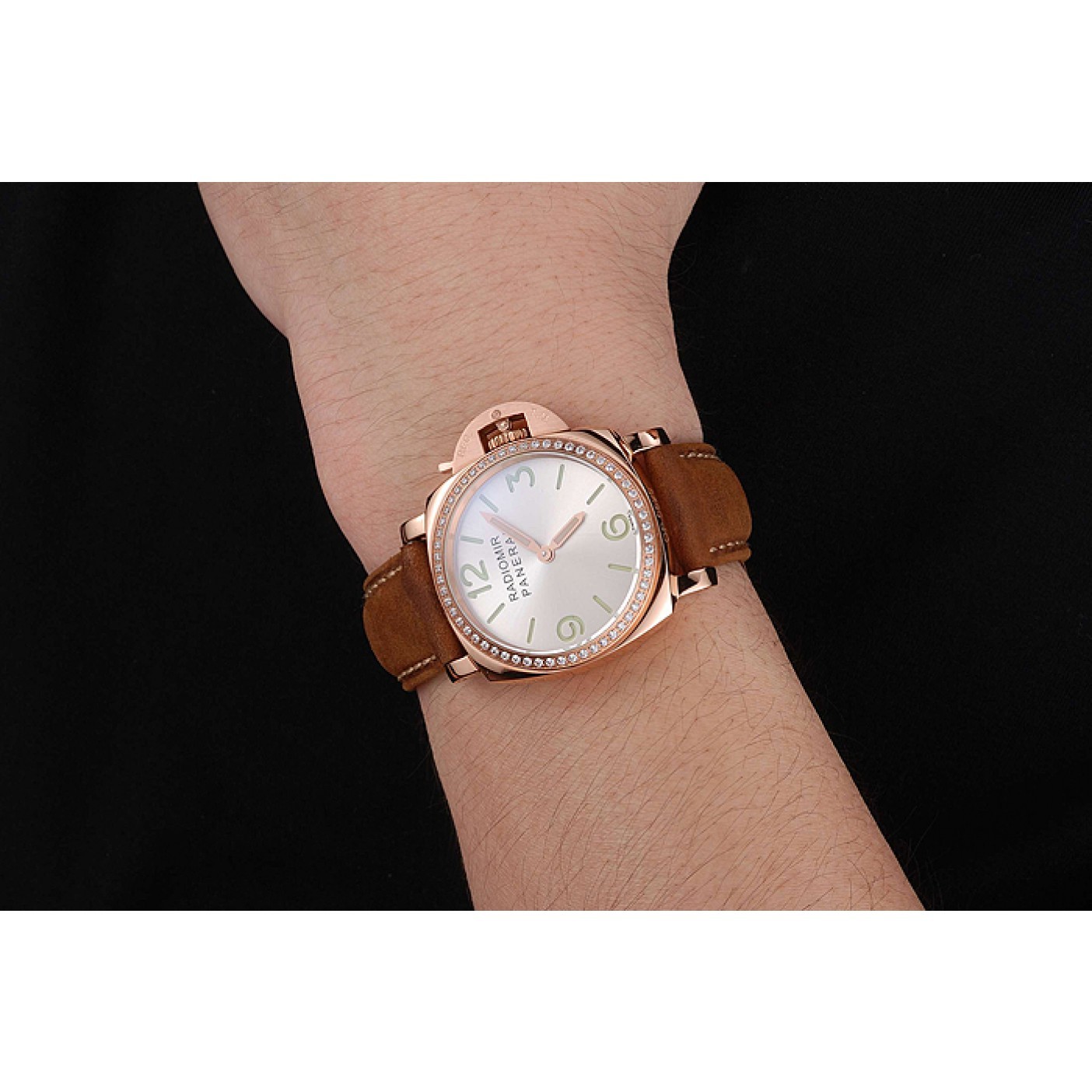 MiroTime Panerai Radiomir White Dial Diamond Bezel Rose Gold Case Brown Suede Leather Strap 1453799