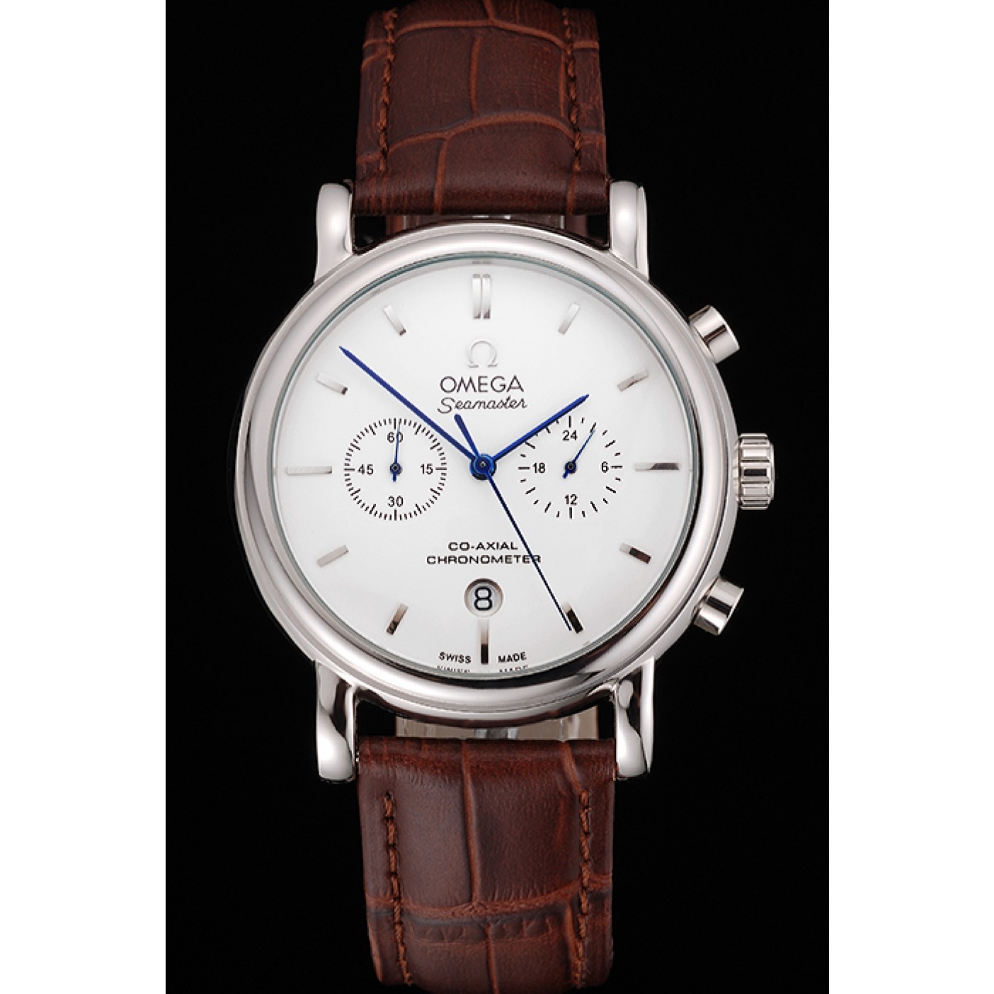 MiroTime Omega Seamaster Vintage Chronograph White Dial Stainless Steel Case Brown Leather Strap