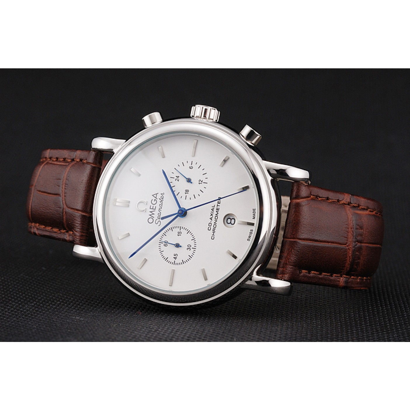 MiroTime Omega Seamaster Vintage Chronograph White Dial Stainless Steel Case Brown Leather Strap