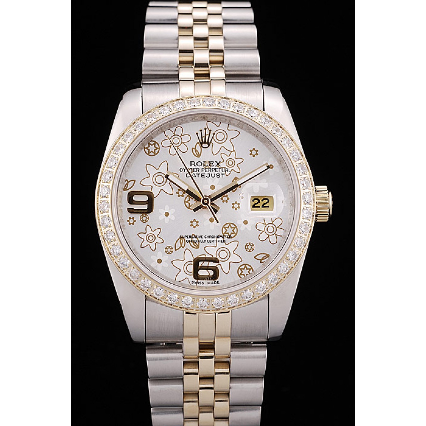 MiroTime Rolex DateJust Brushed Stainless Steel Case Silver Flowers Dial Diamonds Plated