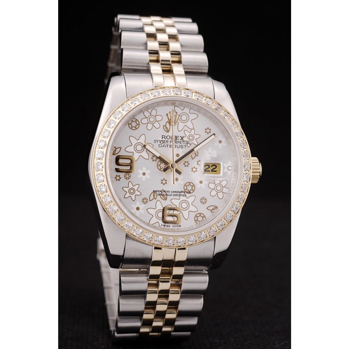 MiroTime Rolex DateJust Brushed Stainless Steel Case Silver Flowers Dial Diamonds Plated
