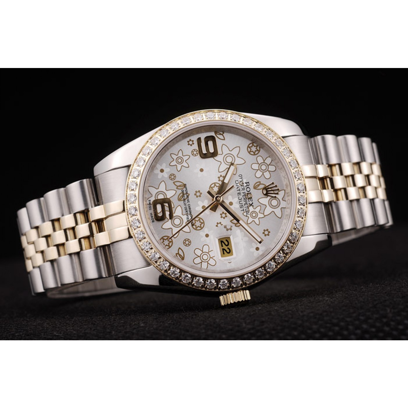 MiroTime Rolex DateJust Brushed Stainless Steel Case Silver Flowers Dial Diamonds Plated