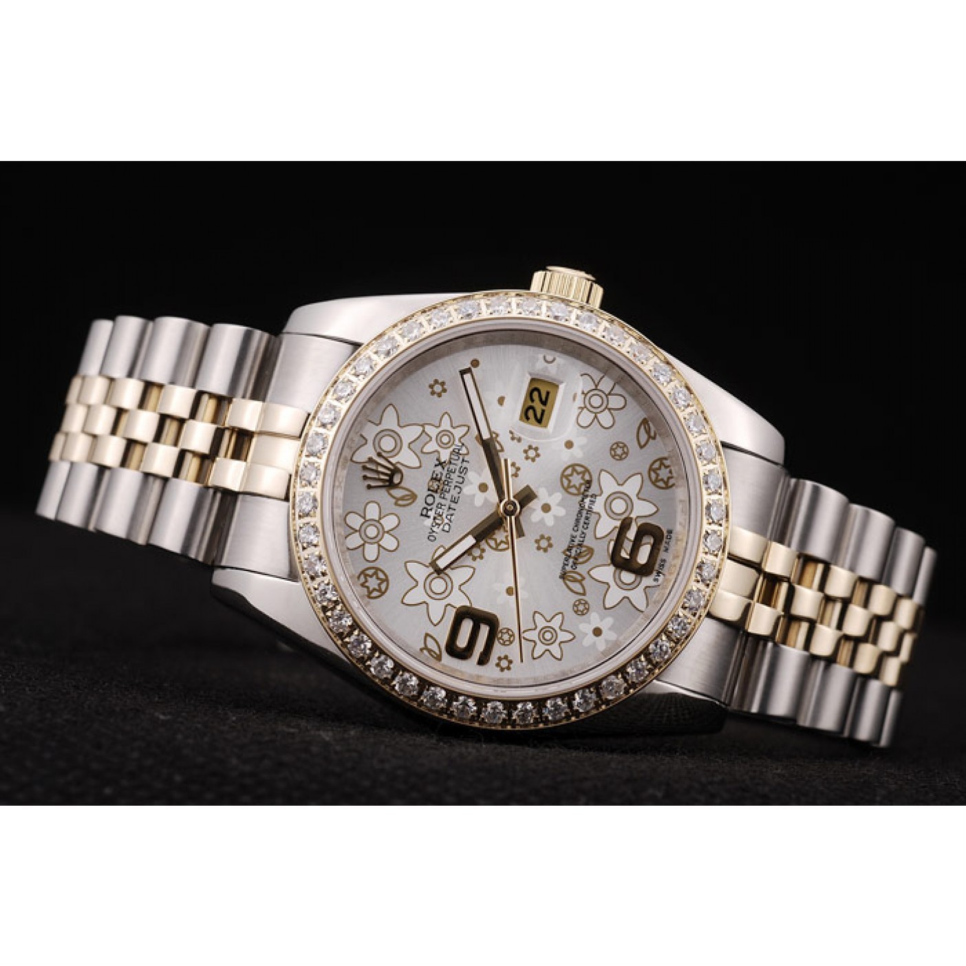 MiroTime Rolex DateJust Brushed Stainless Steel Case Silver Flowers Dial Diamonds Plated
