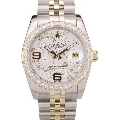 MiroTime Rolex DateJust Brushed Stainless Steel Case Silver Flowers Dial Diamonds Plated