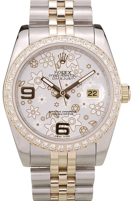 MiroTime Rolex DateJust Brushed Stainless Steel Case Silver Flowers Dial Diamonds Plated
