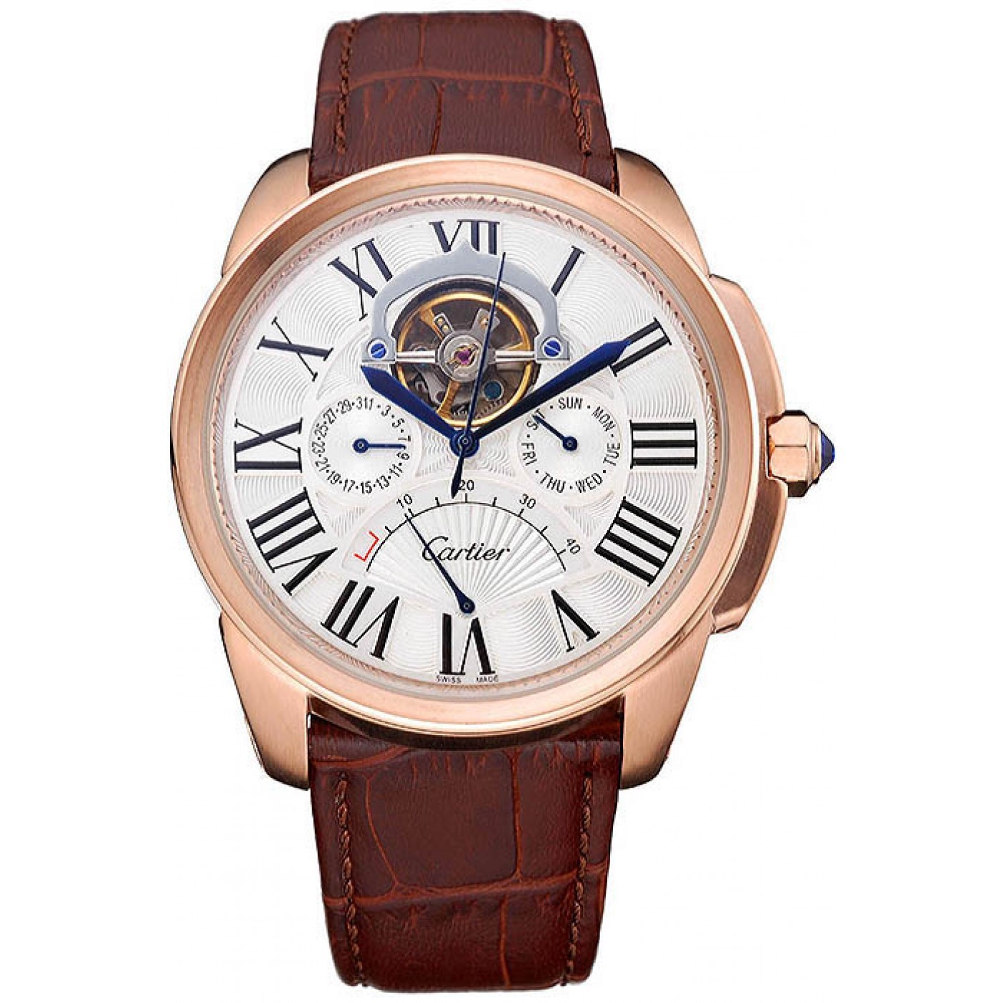 MiroTime Cartier Calibre Tourbillon White Dial Gold Case Brown Leather Strap 622753