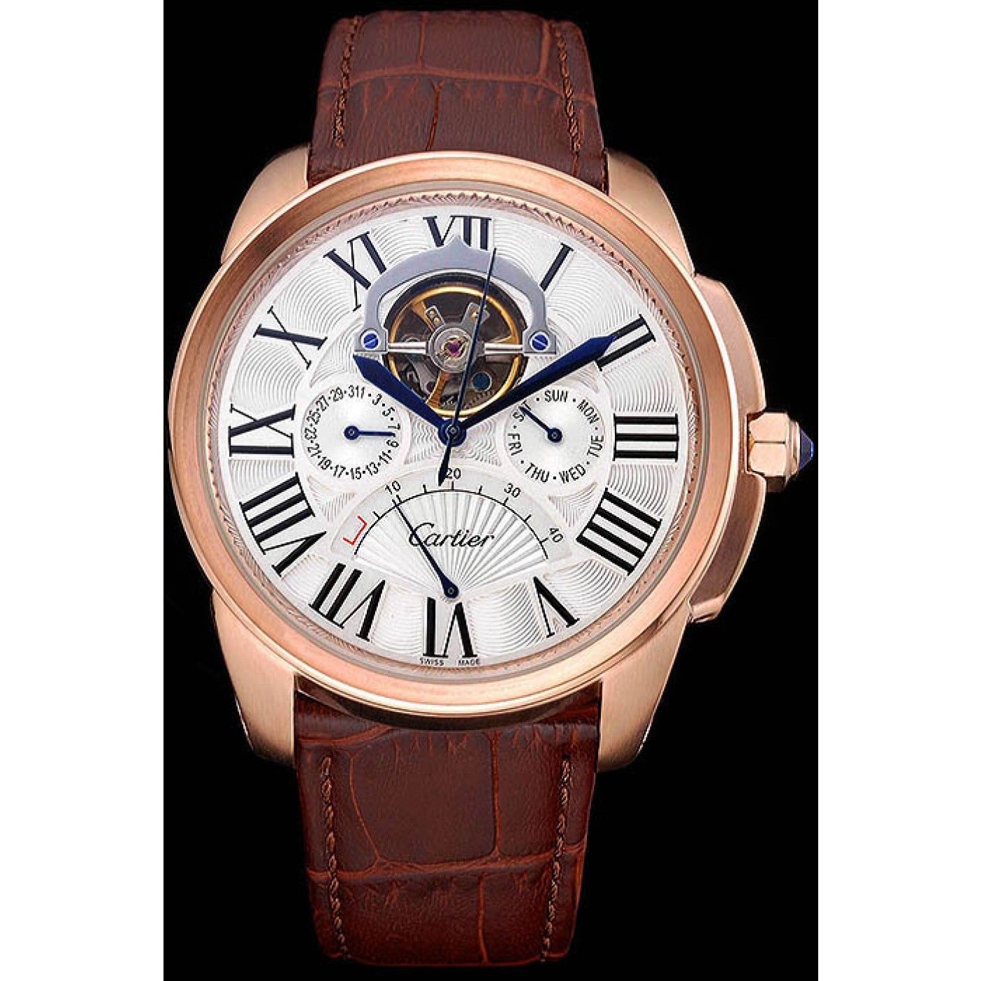 MiroTime Cartier Calibre Tourbillon White Dial Gold Case Brown Leather Strap 622753