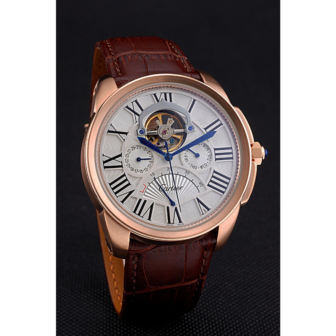 MiroTime Cartier Calibre Tourbillon White Dial Gold Case Brown Leather Strap 622753