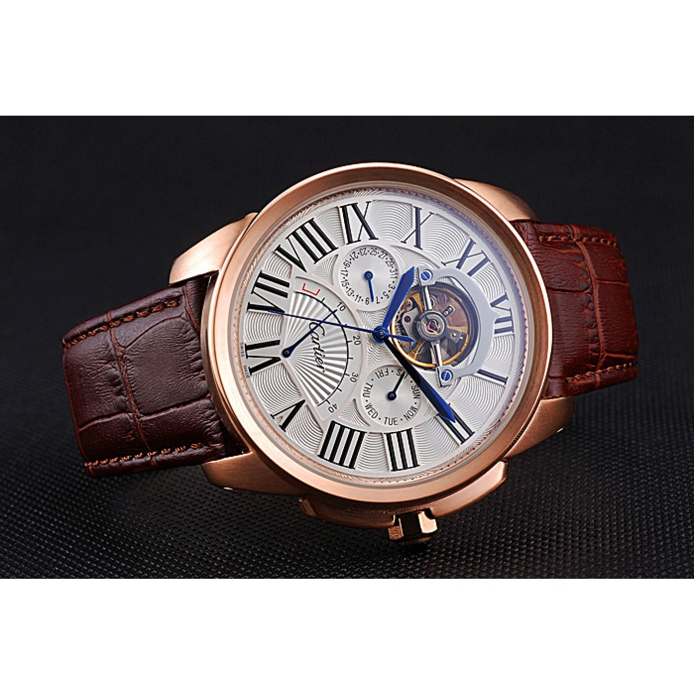 MiroTime Cartier Calibre Tourbillon White Dial Gold Case Brown Leather Strap 622753