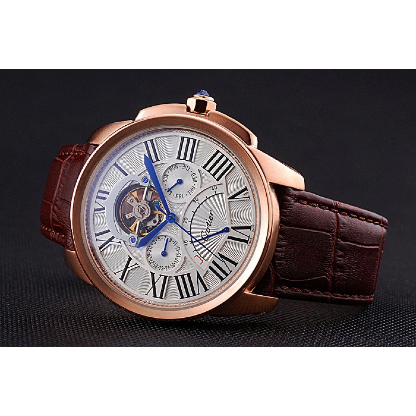 MiroTime Cartier Calibre Tourbillon White Dial Gold Case Brown Leather Strap 622753