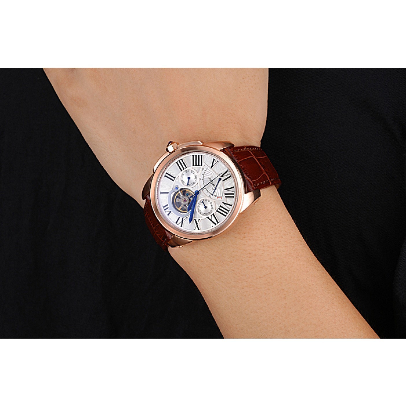 MiroTime Cartier Calibre Tourbillon White Dial Gold Case Brown Leather Strap 622753