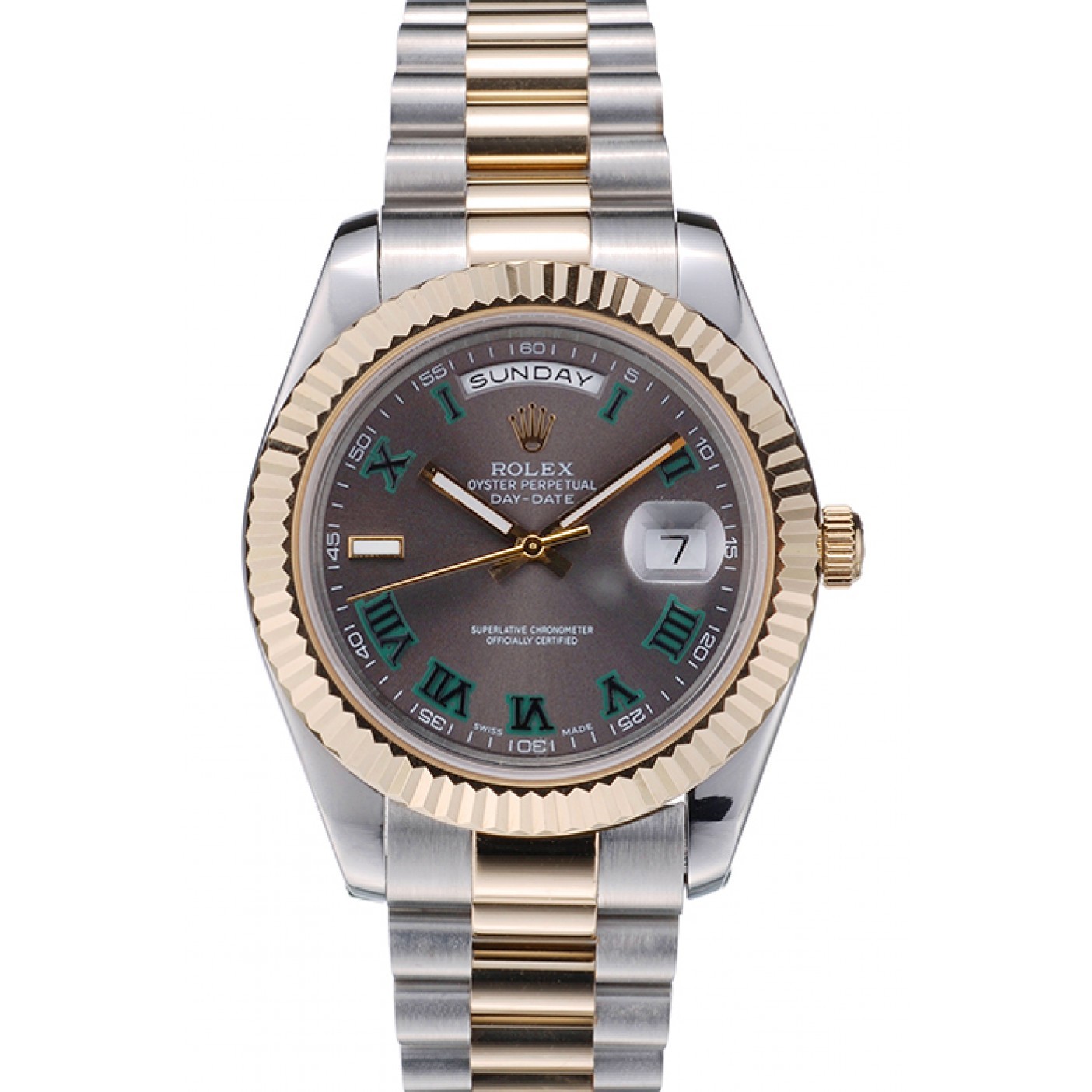 MiroTime Rolex Swiss DayDate Gold Stainless Steel Ribbed Bezel Grey Dial 41909