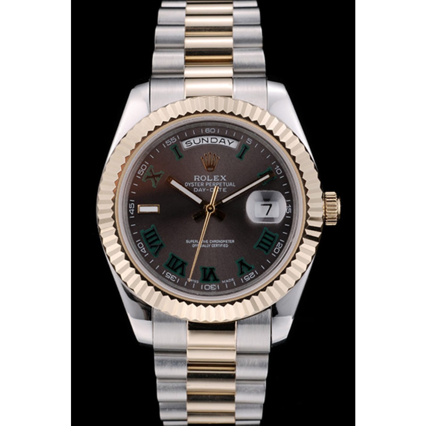 MiroTime Rolex Swiss DayDate Gold Stainless Steel Ribbed Bezel Grey Dial 41909