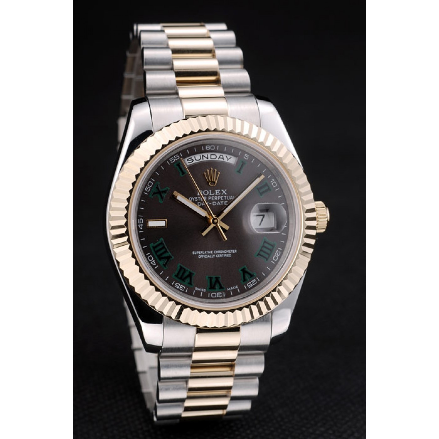 MiroTime Rolex Swiss DayDate Gold Stainless Steel Ribbed Bezel Grey Dial 41909