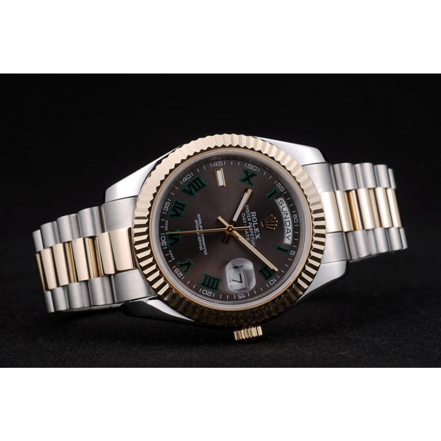 MiroTime Rolex Swiss DayDate Gold Stainless Steel Ribbed Bezel Grey Dial 41909