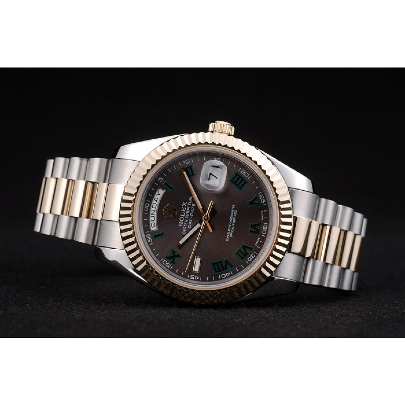 MiroTime Rolex Swiss DayDate Gold Stainless Steel Ribbed Bezel Grey Dial 41909