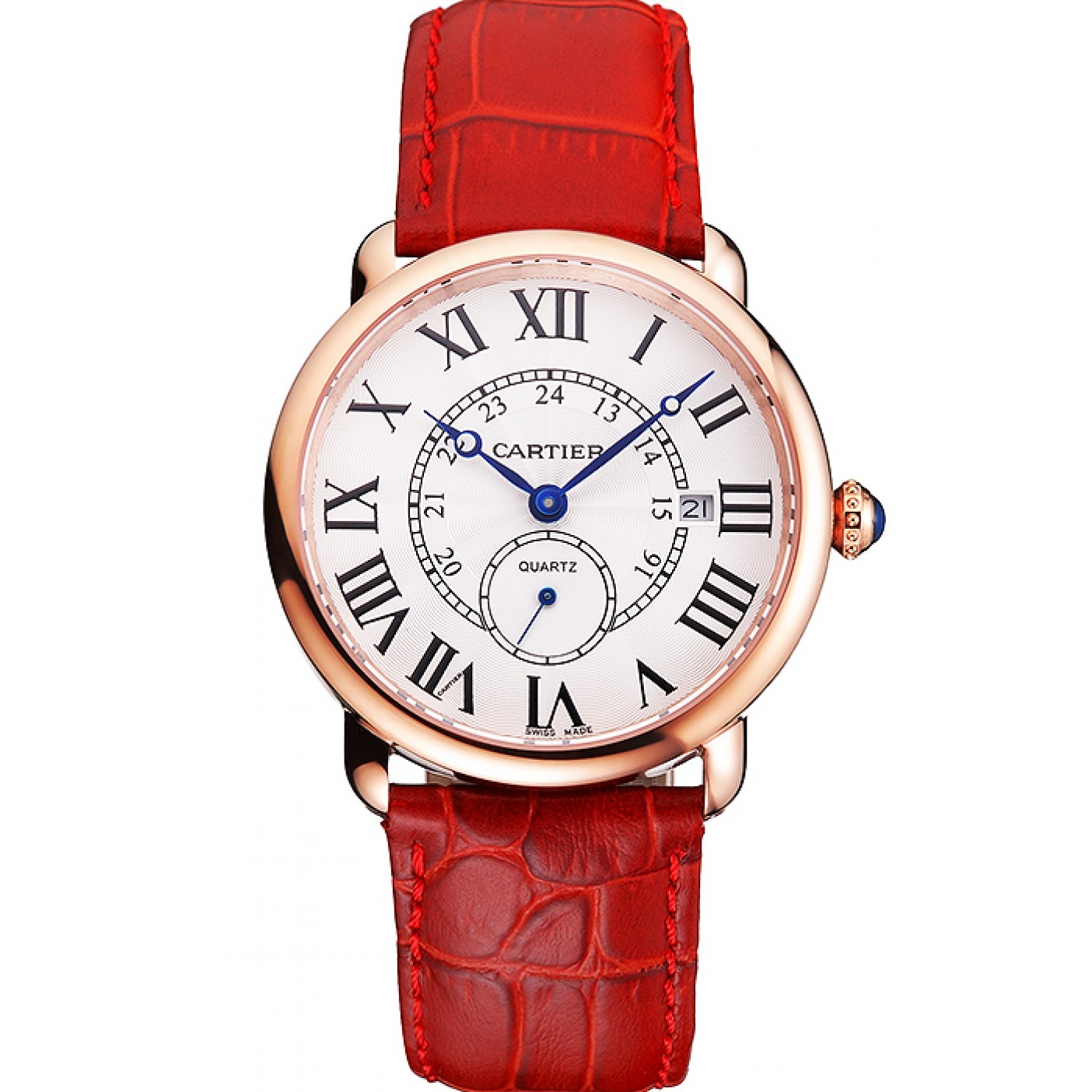 MiroTime Cartier Ronde Louis Cartier White Dial Gold Case Red Leather Strap