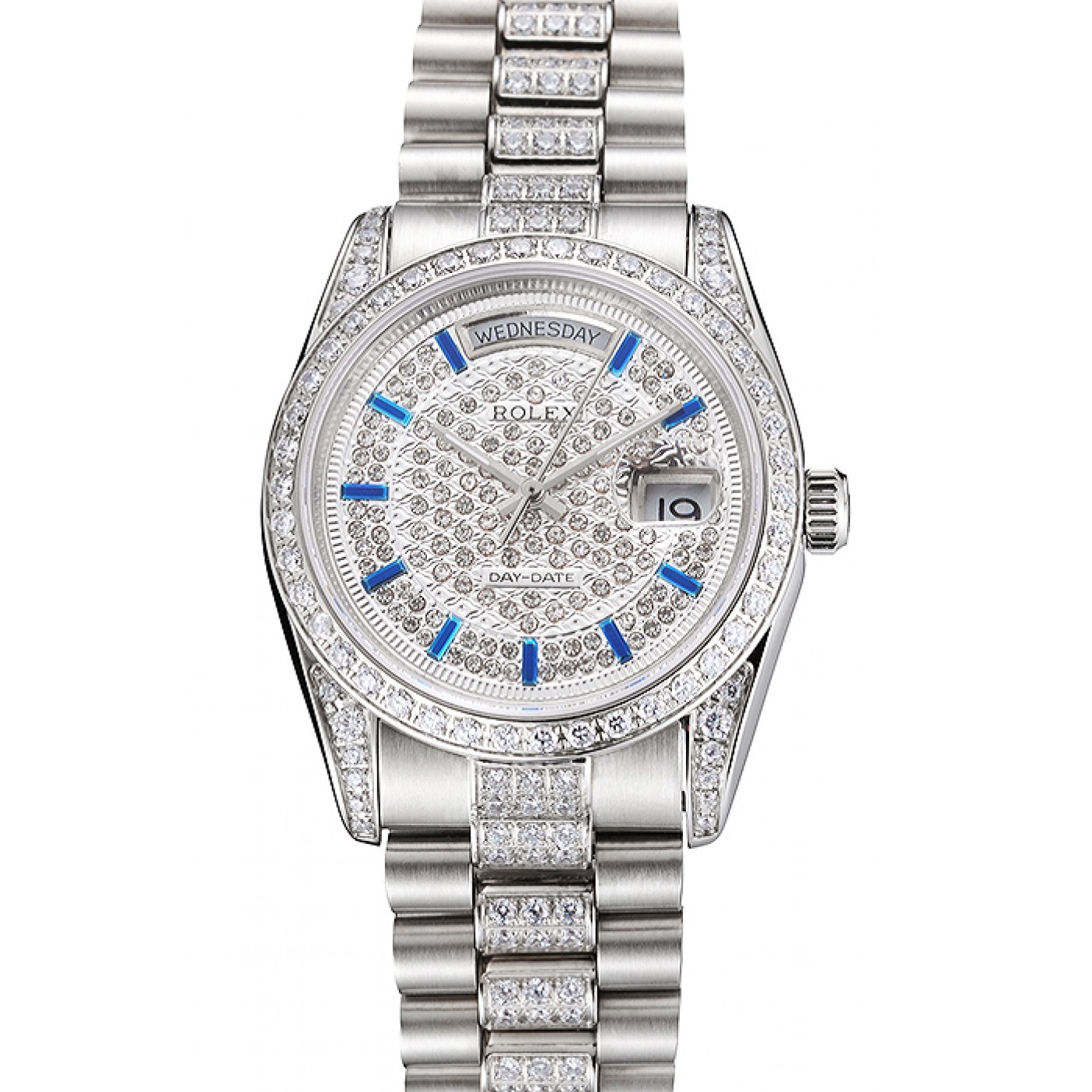 MiroTime Swiss Rolex Day Date Diamond Pave Dial And Bezel And Stainless Steel Bracelet