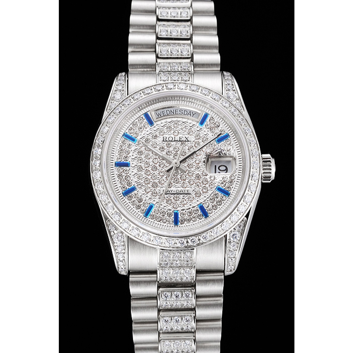 MiroTime Swiss Rolex Day Date Diamond Pave Dial And Bezel And Stainless Steel Bracelet