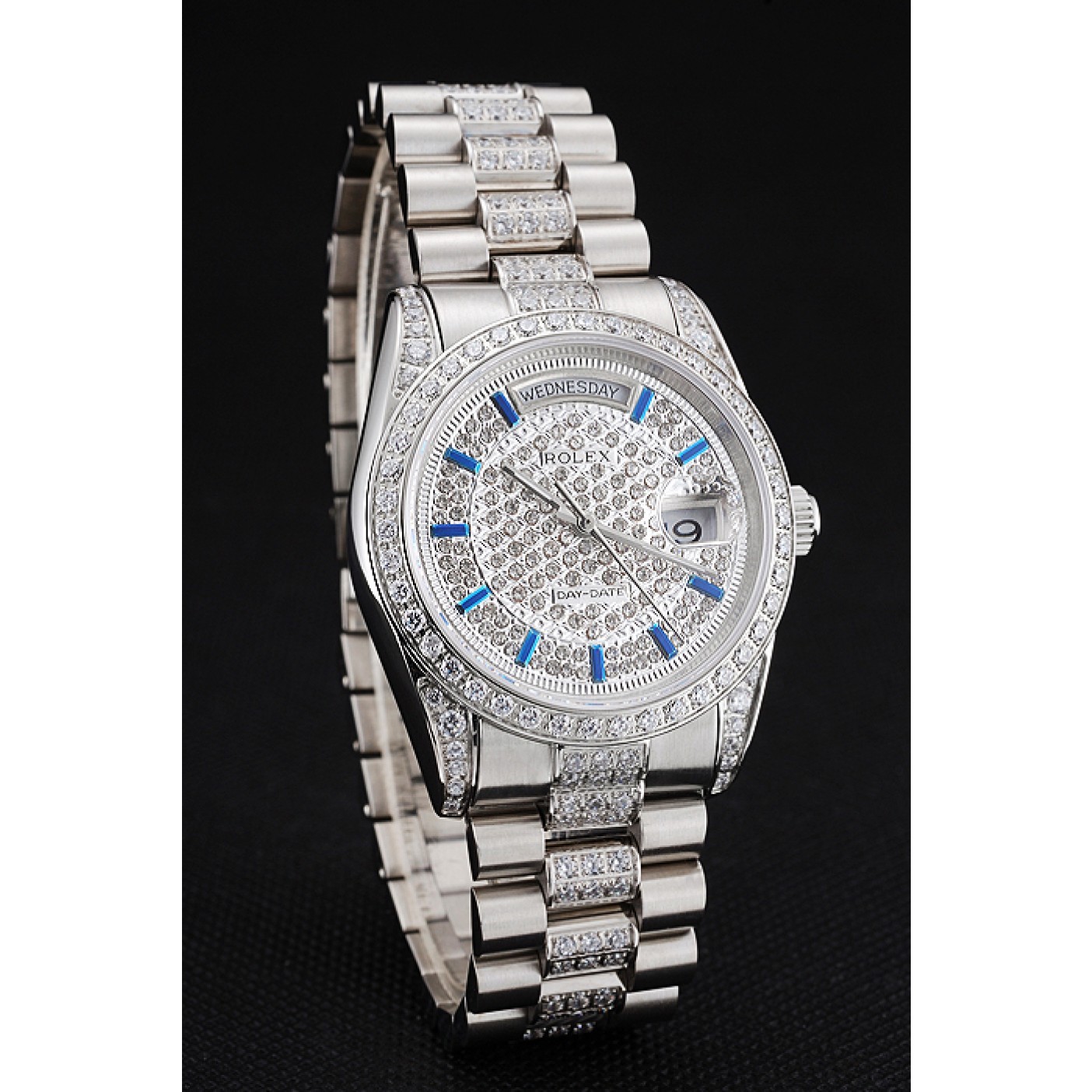 MiroTime Swiss Rolex Day Date Diamond Pave Dial And Bezel And Stainless Steel Bracelet