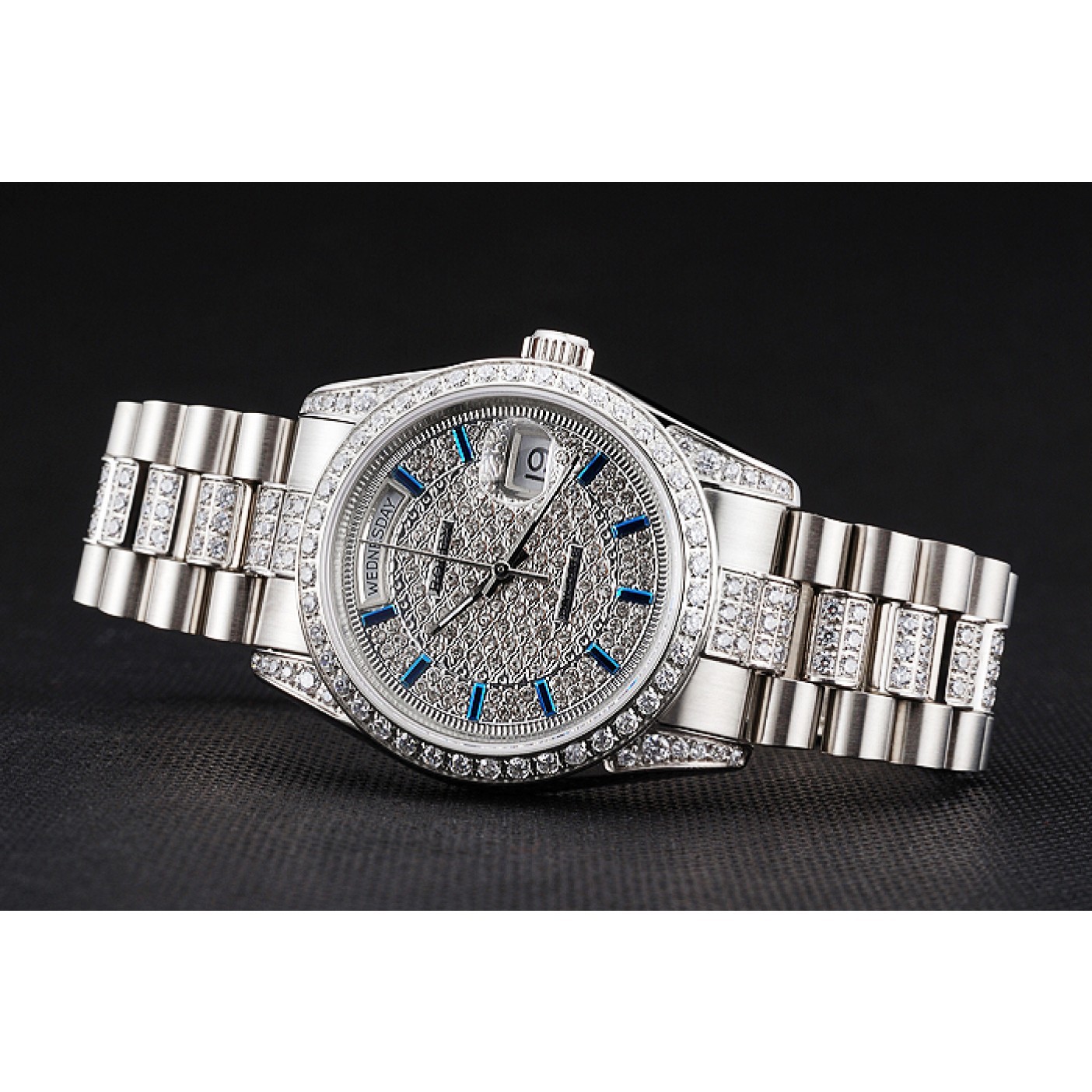 MiroTime Swiss Rolex Day Date Diamond Pave Dial And Bezel And Stainless Steel Bracelet