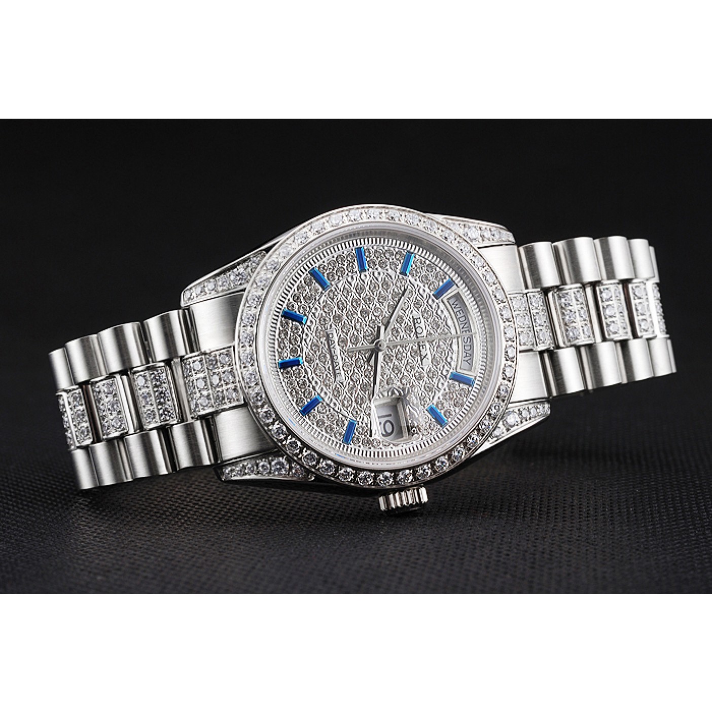MiroTime Swiss Rolex Day Date Diamond Pave Dial And Bezel And Stainless Steel Bracelet