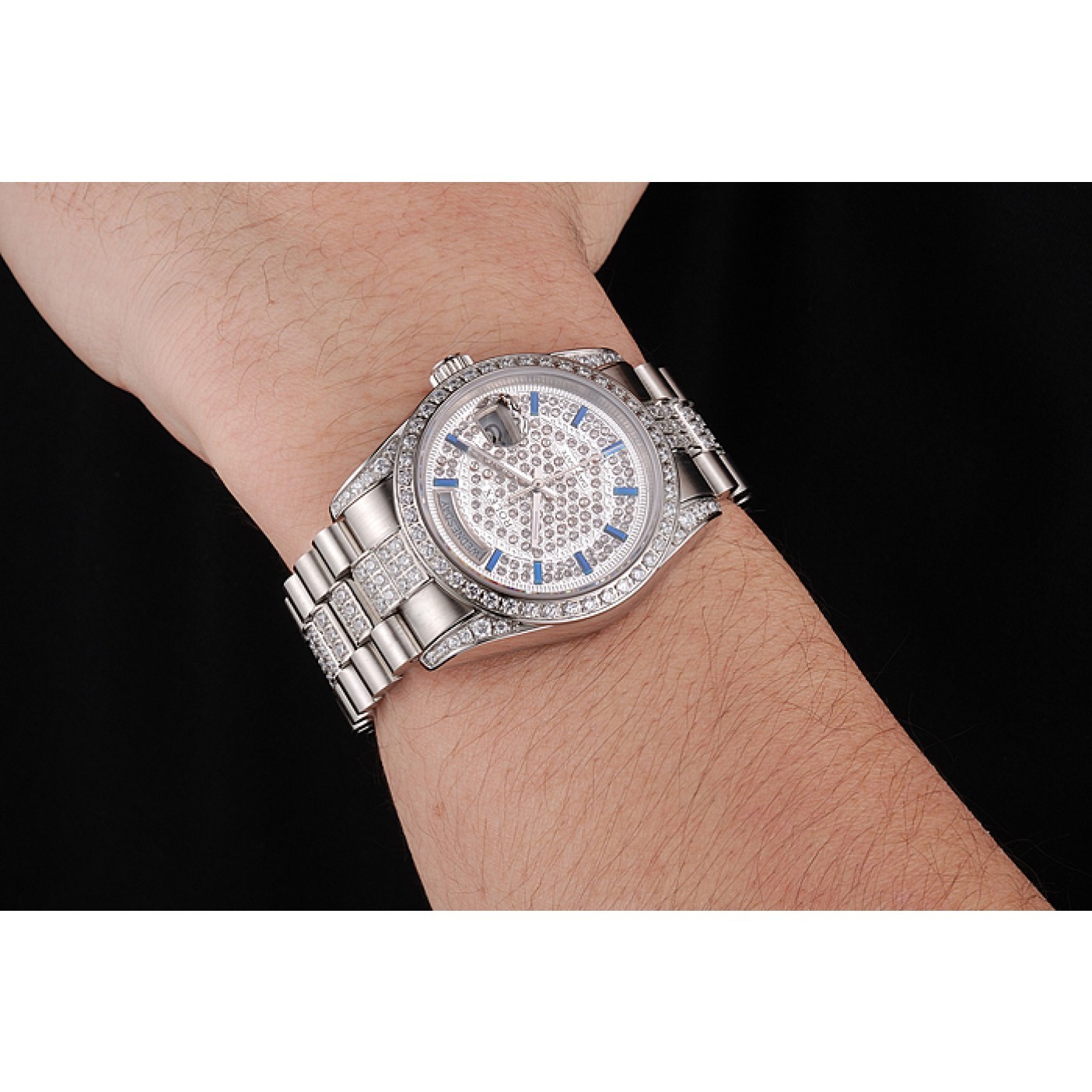 MiroTime Swiss Rolex Day Date Diamond Pave Dial And Bezel And Stainless Steel Bracelet