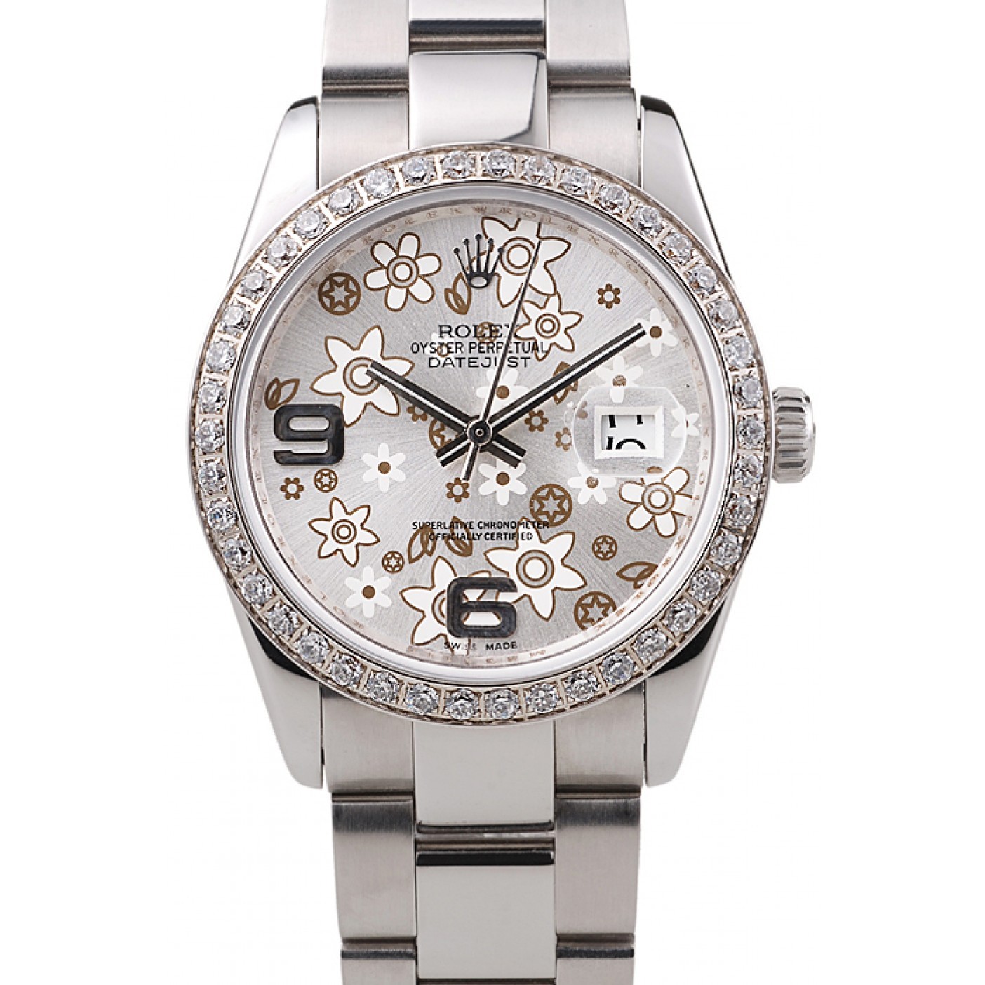 MiroTime Rolex Datejust Stainless Steel Silver Flowers Dial Diamond Plated rl305