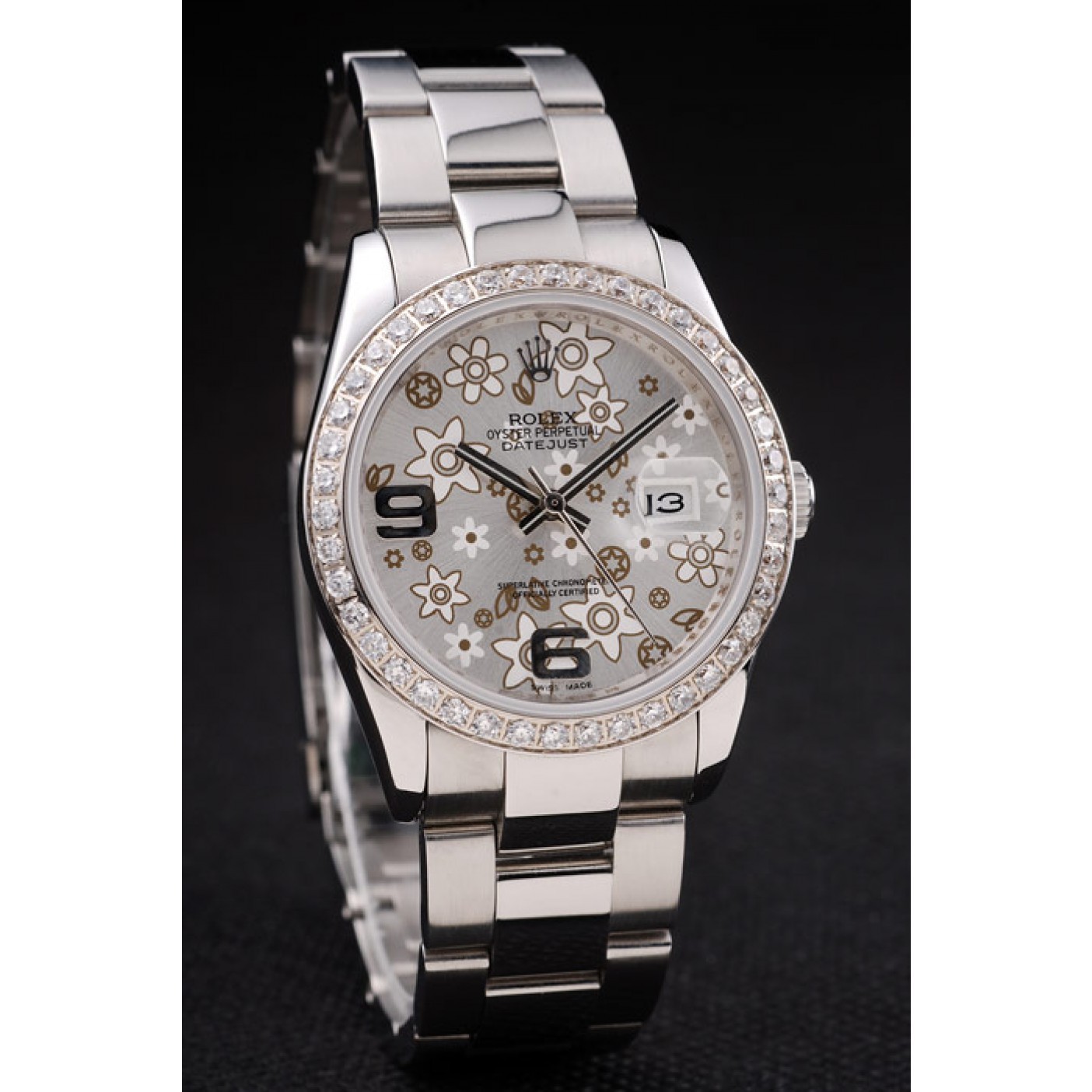 MiroTime Rolex Datejust Stainless Steel Silver Flowers Dial Diamond Plated rl305