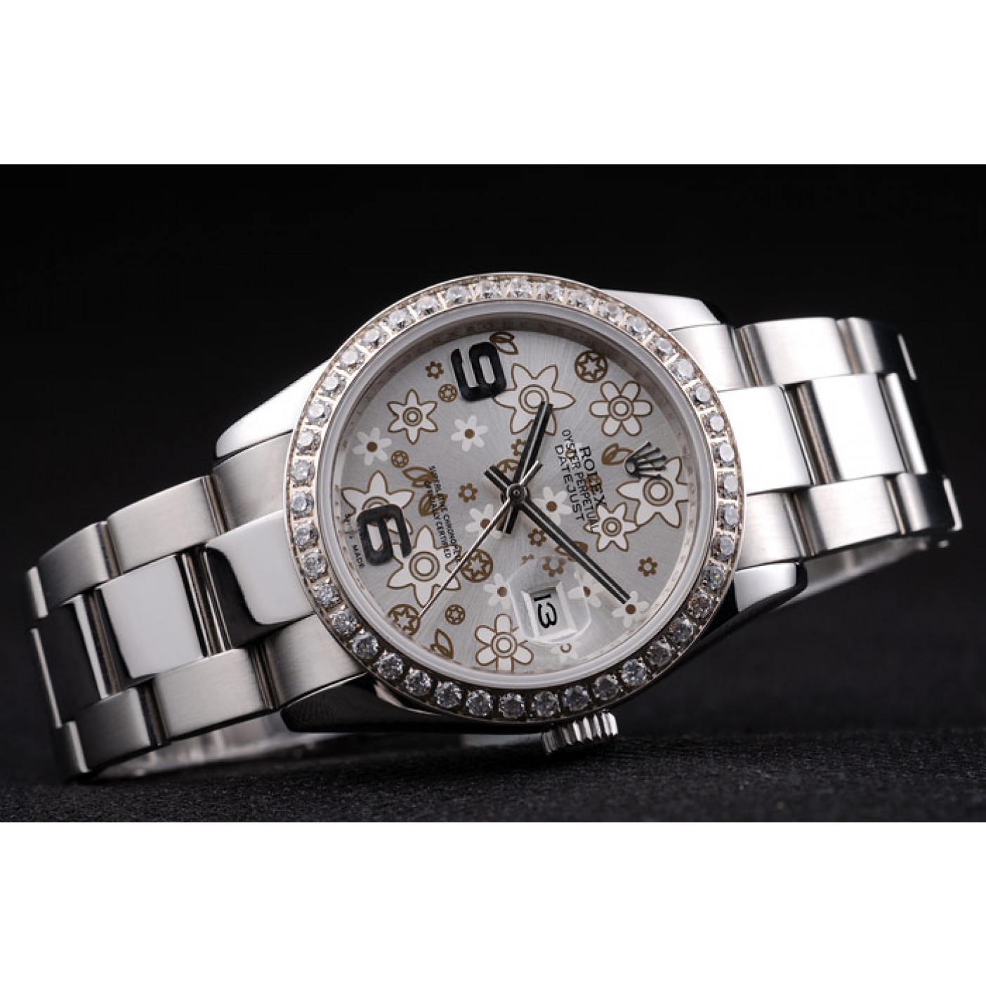 MiroTime Rolex Datejust Stainless Steel Silver Flowers Dial Diamond Plated rl305