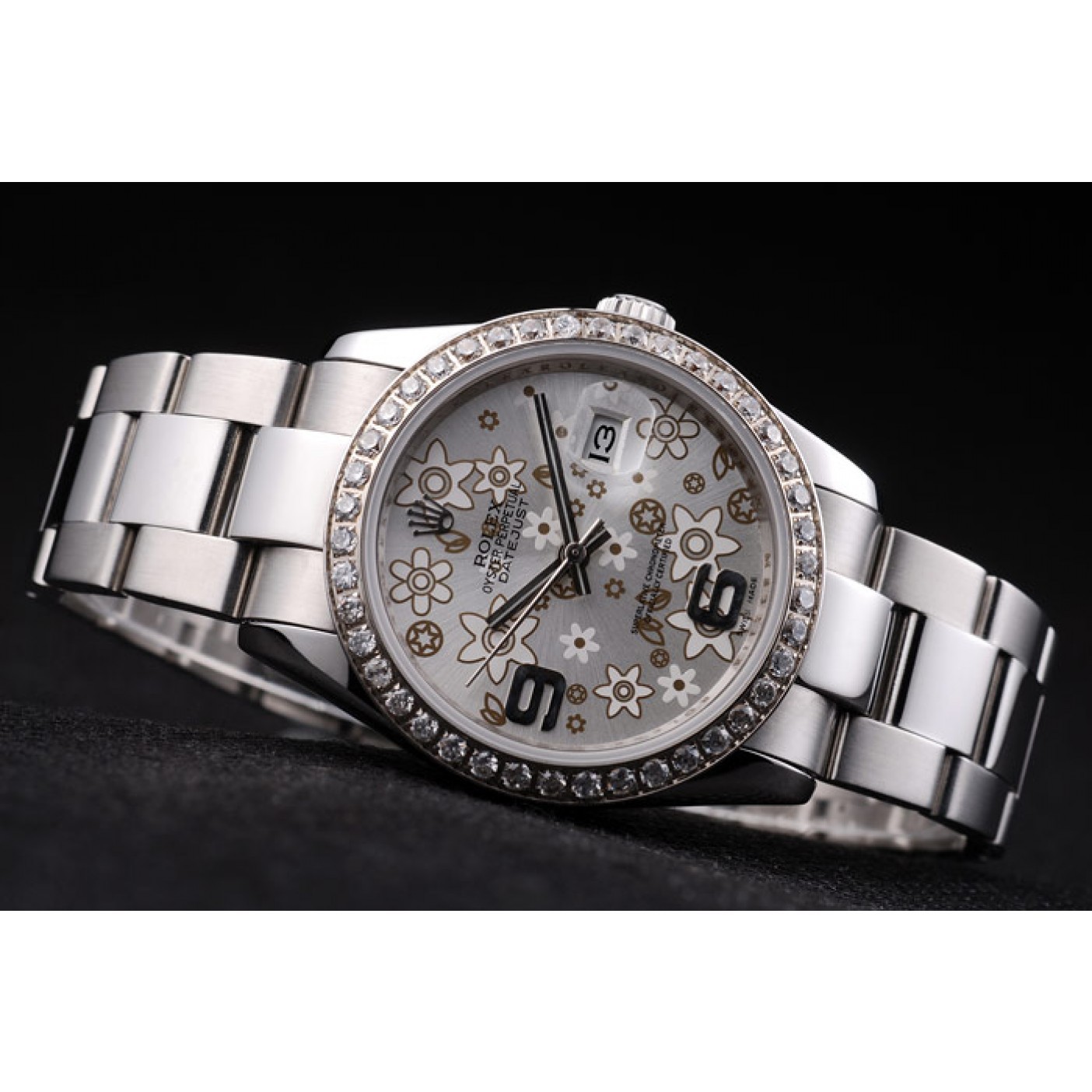 MiroTime Rolex Datejust Stainless Steel Silver Flowers Dial Diamond Plated rl305