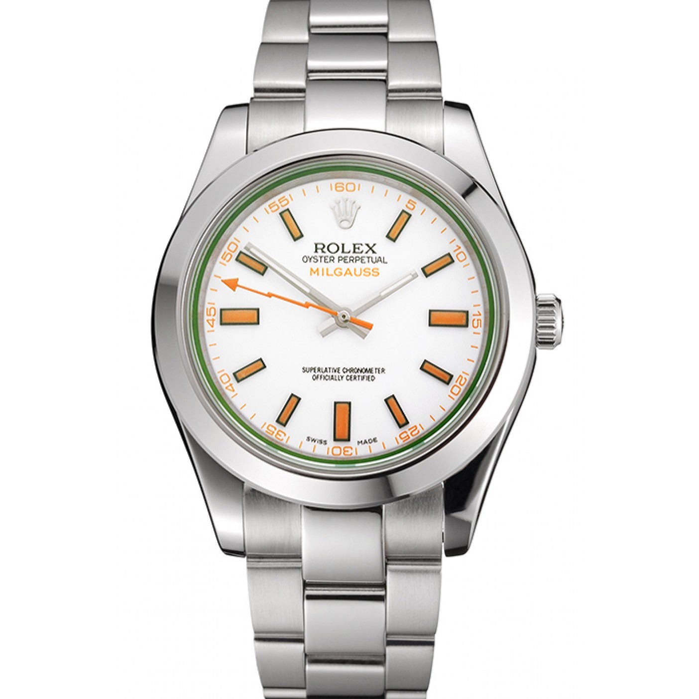 MiroTime Swiss Rolex Milgauss White Dial Orange Markings Stainless Steel Case And Bracelet