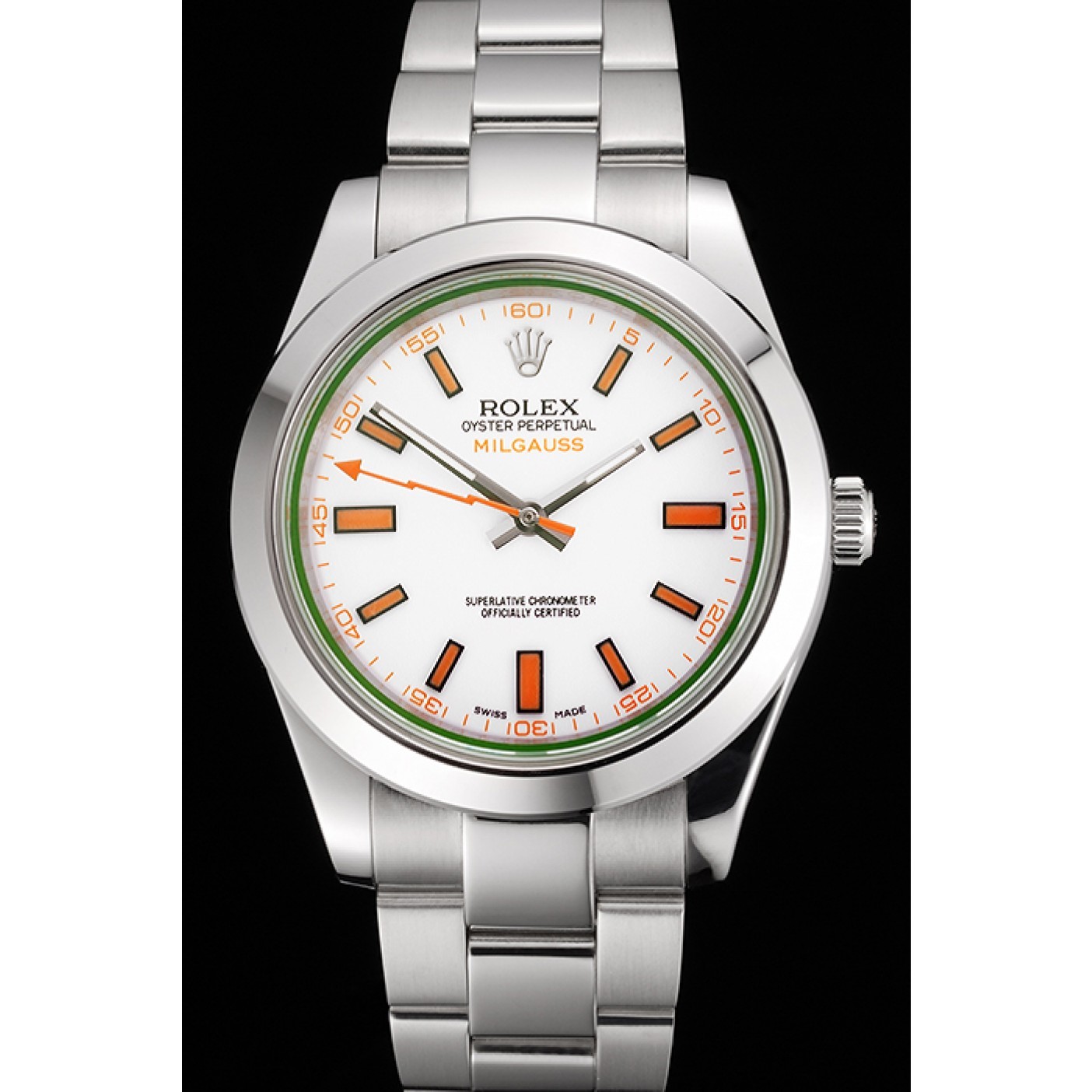 MiroTime Swiss Rolex Milgauss White Dial Orange Markings Stainless Steel Case And Bracelet