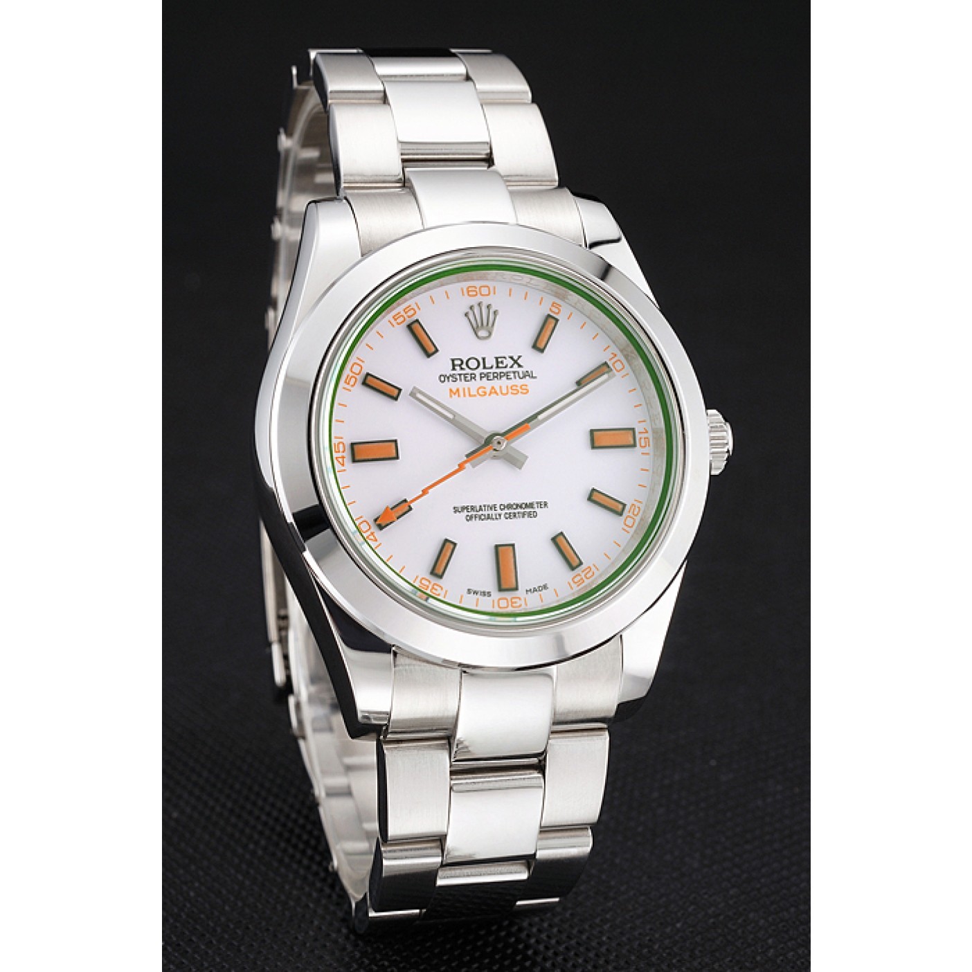 MiroTime Swiss Rolex Milgauss White Dial Orange Markings Stainless Steel Case And Bracelet