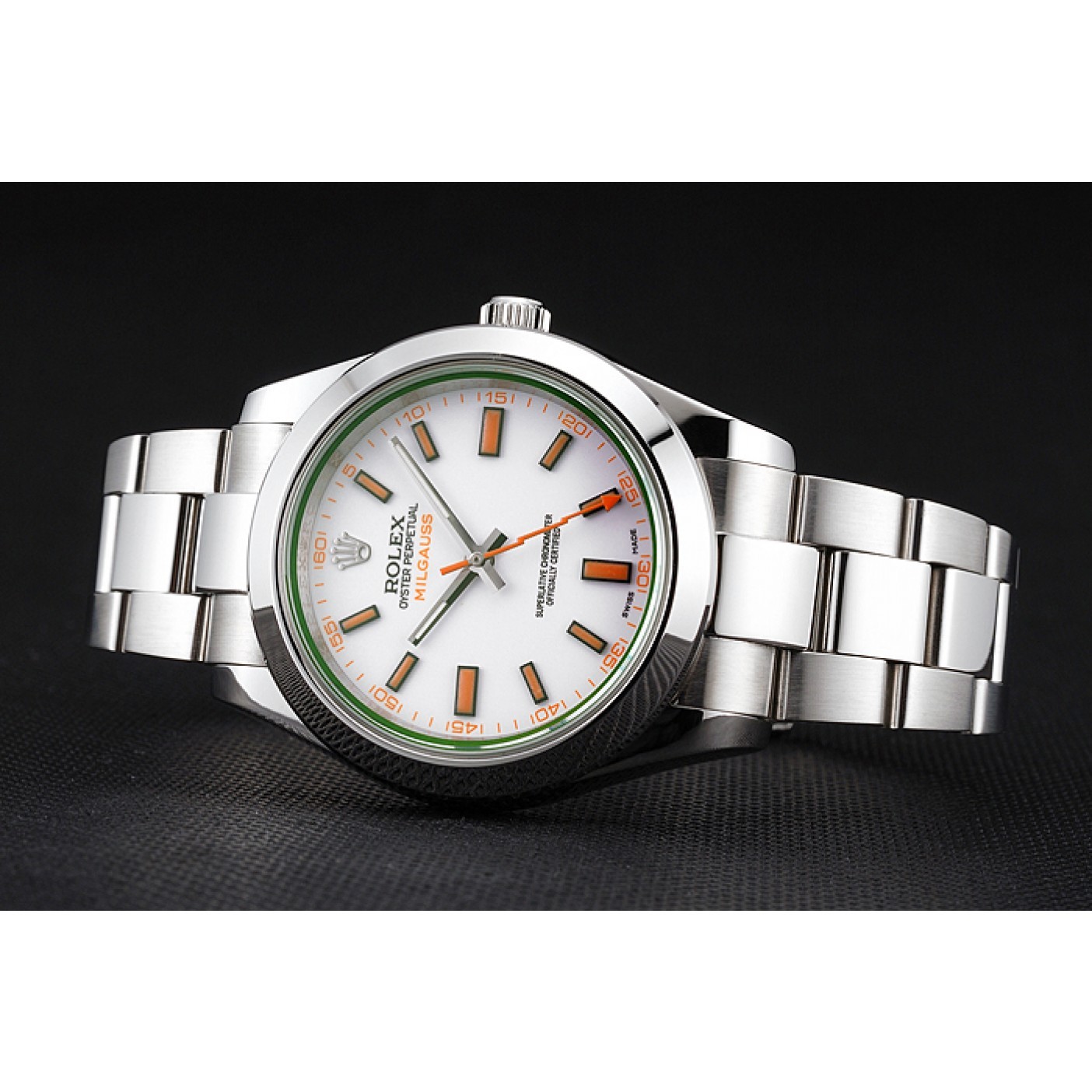 MiroTime Swiss Rolex Milgauss White Dial Orange Markings Stainless Steel Case And Bracelet