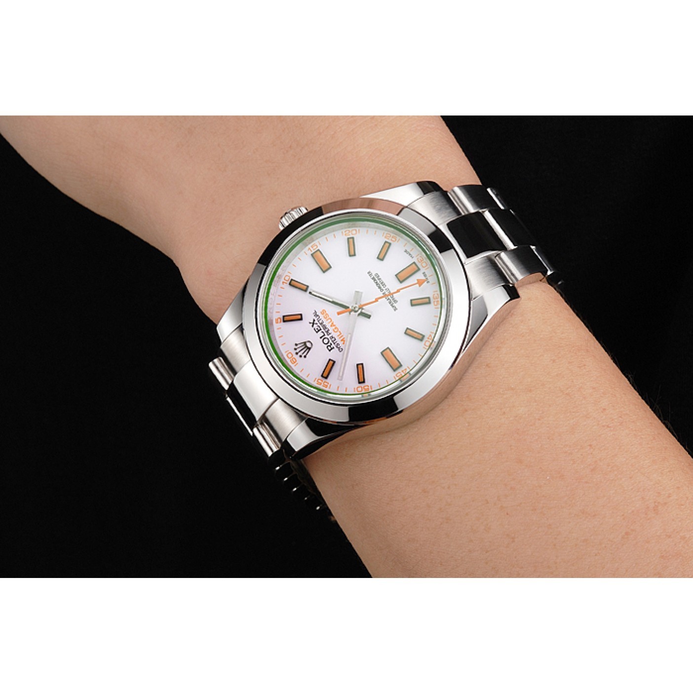 MiroTime Swiss Rolex Milgauss White Dial Orange Markings Stainless Steel Case And Bracelet