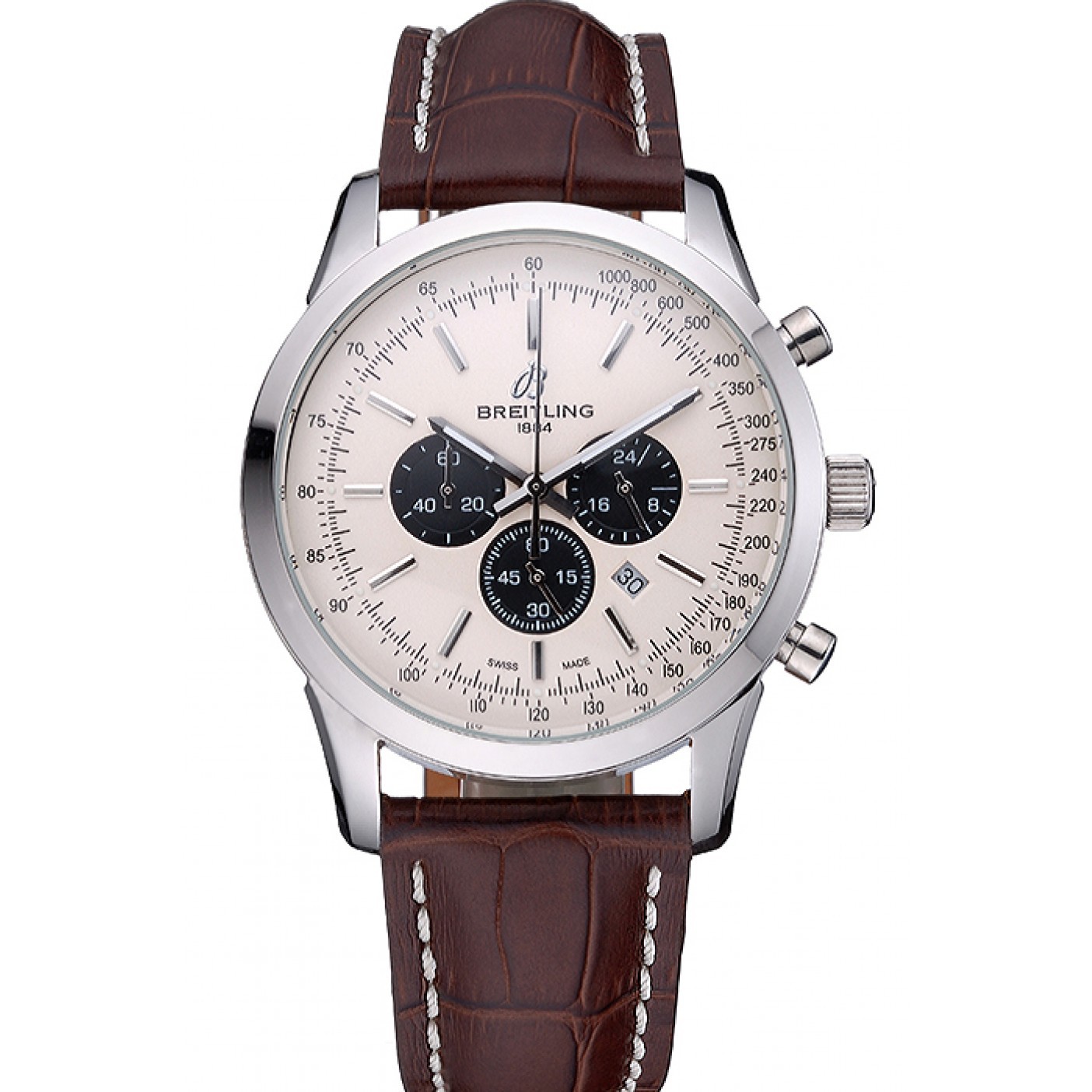 MiroTime Breitling Transocean Chronograph White Dial Stainless Steel Case Brown Leather Bracelet 622243