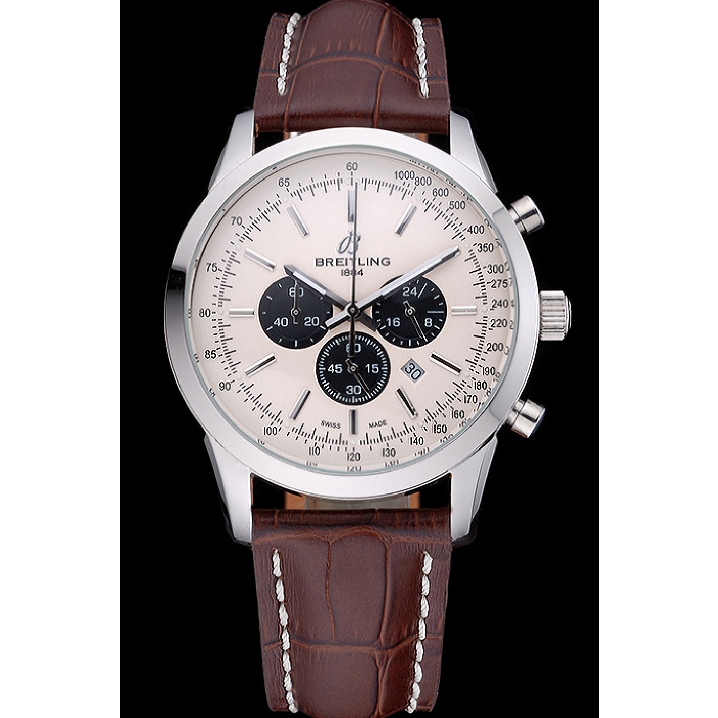 MiroTime Breitling Transocean Chronograph White Dial Stainless Steel Case Brown Leather Bracelet 622243