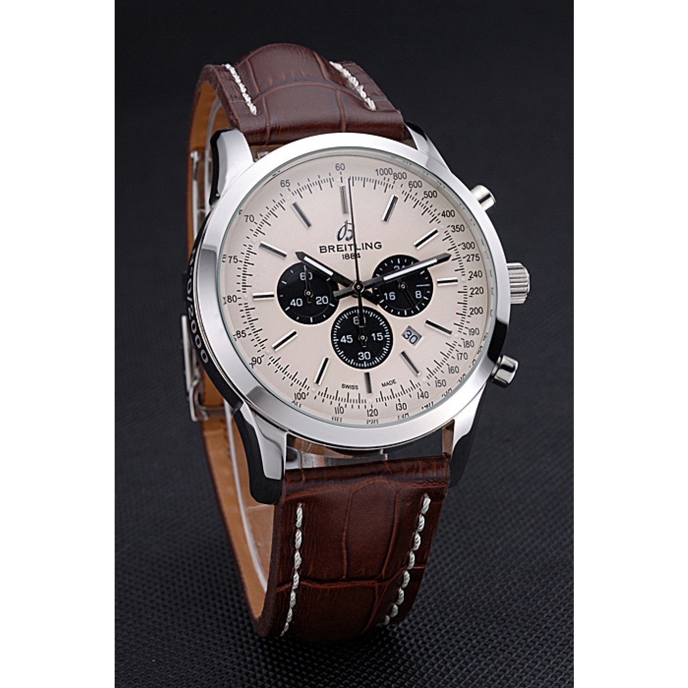MiroTime Breitling Transocean Chronograph White Dial Stainless Steel Case Brown Leather Bracelet 622243