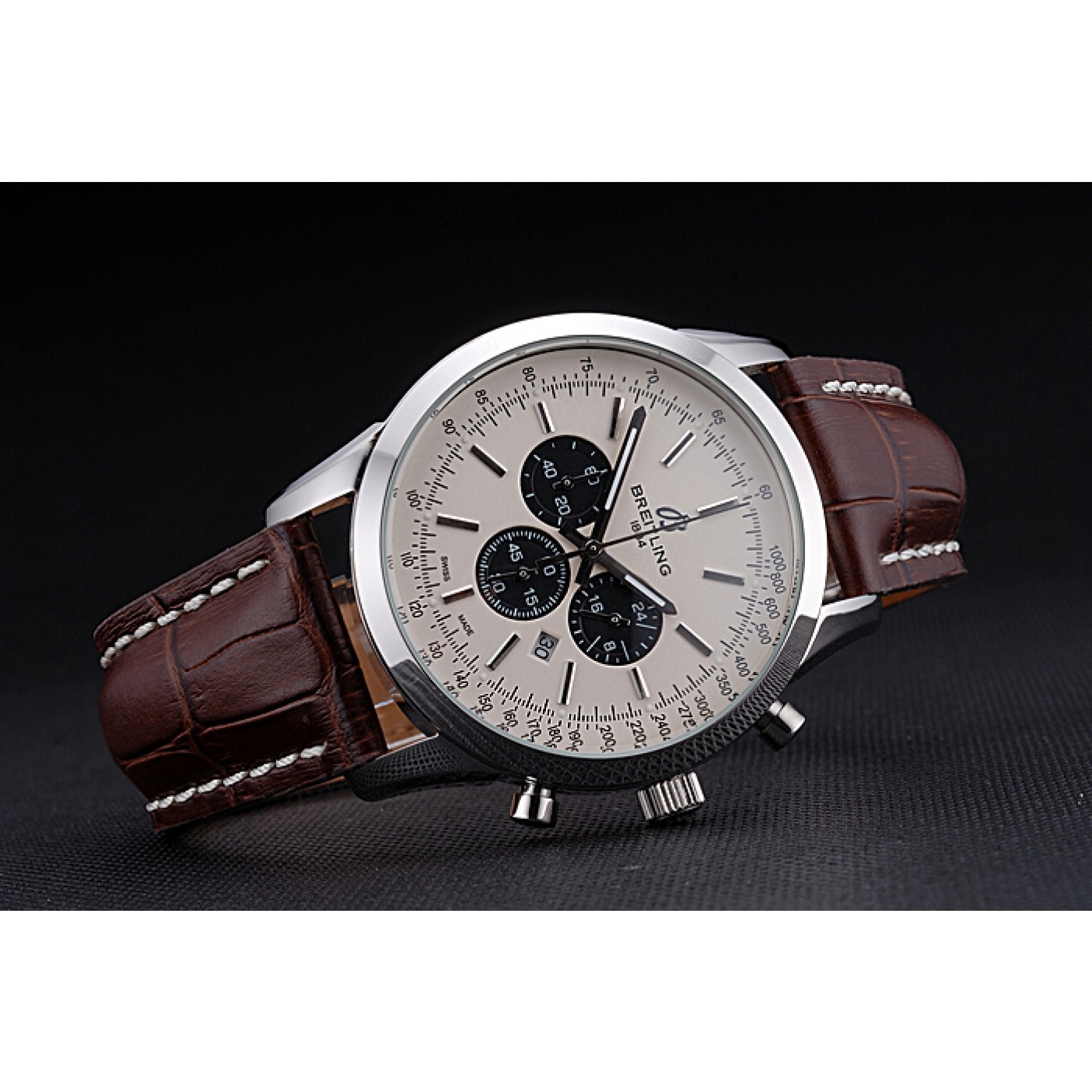 MiroTime Breitling Transocean Chronograph White Dial Stainless Steel Case Brown Leather Bracelet 622243