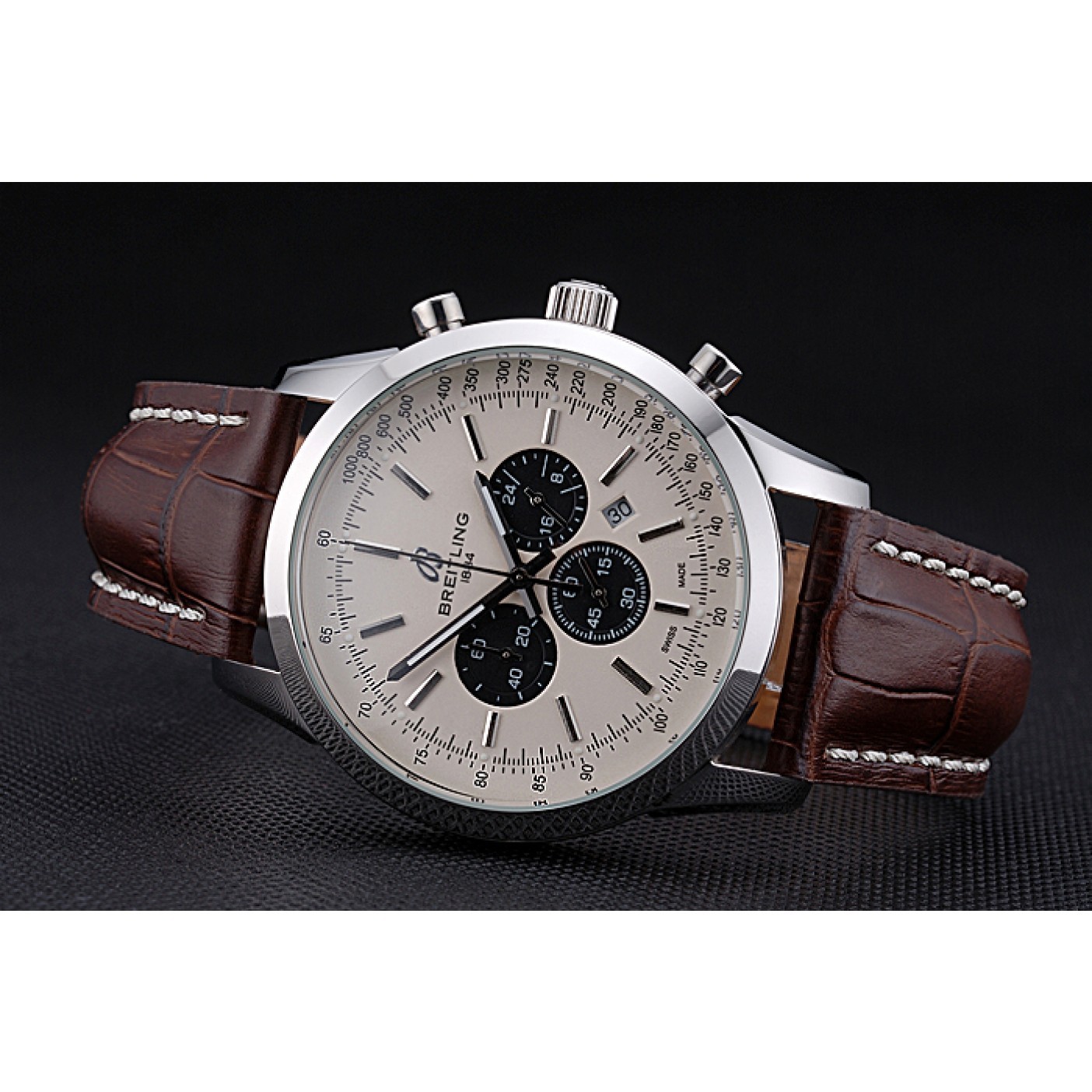 MiroTime Breitling Transocean Chronograph White Dial Stainless Steel Case Brown Leather Bracelet 622243