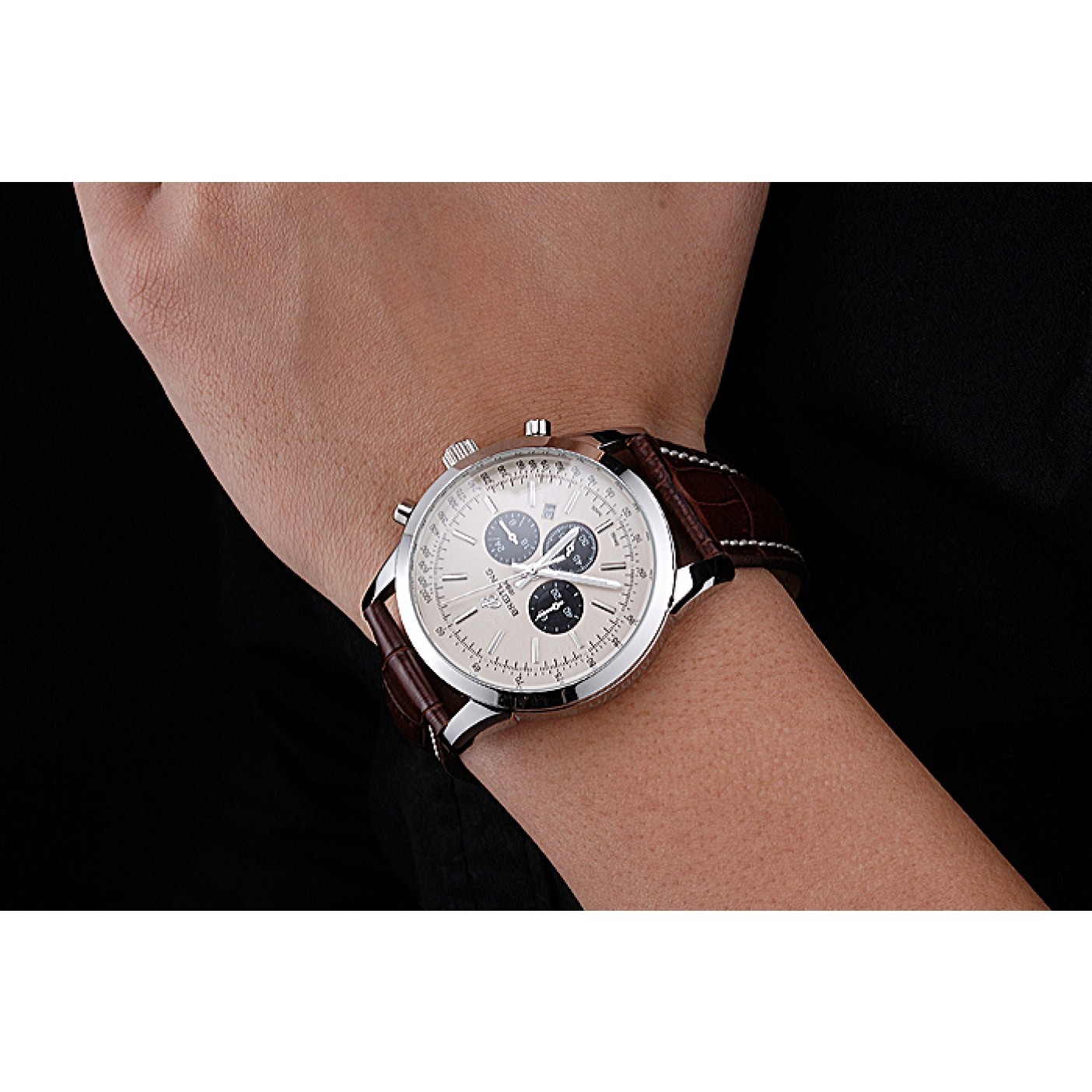 MiroTime Breitling Transocean Chronograph White Dial Stainless Steel Case Brown Leather Bracelet 622243