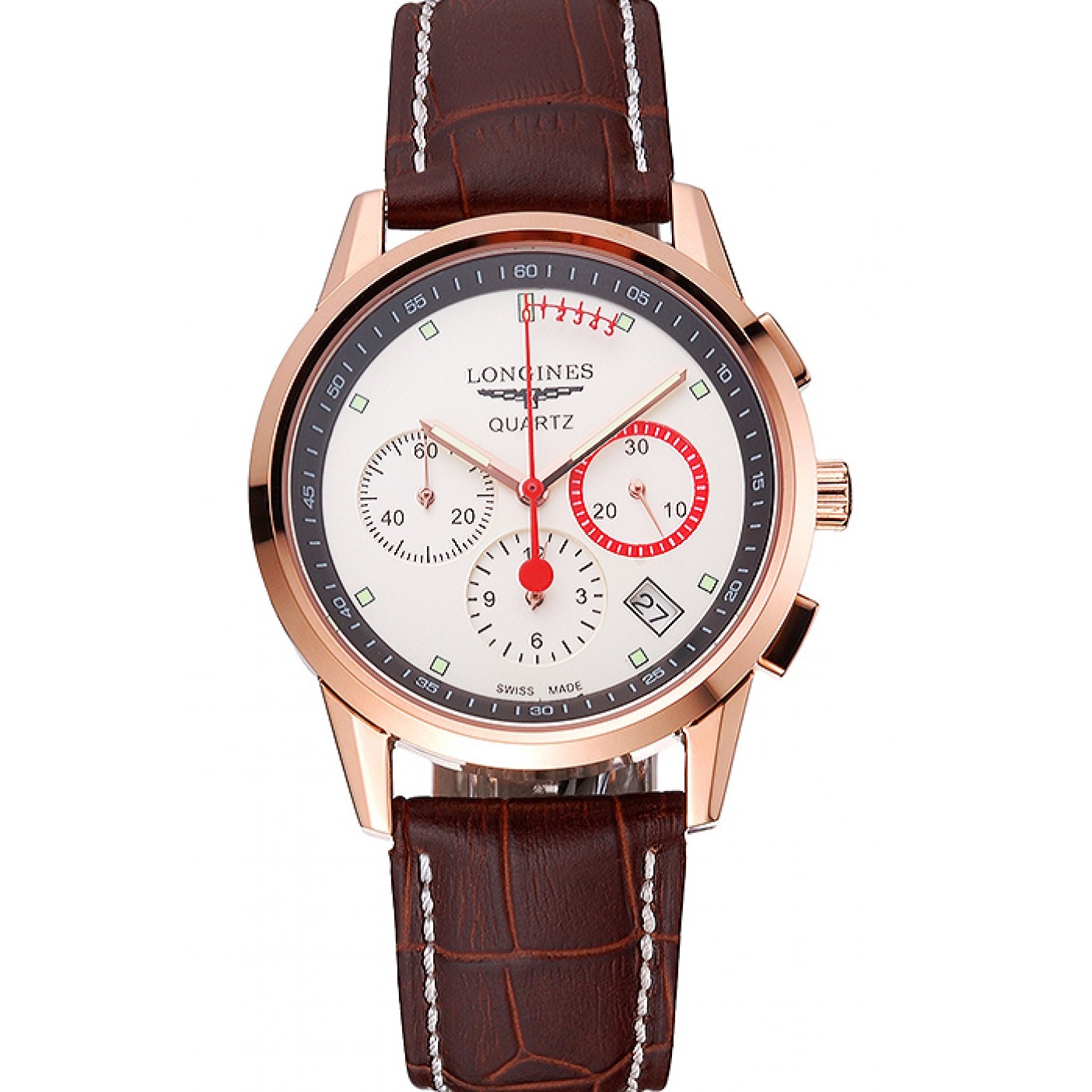 MiroTime Longines Column Wheel White Dial Gold Case Brown Leather Strap