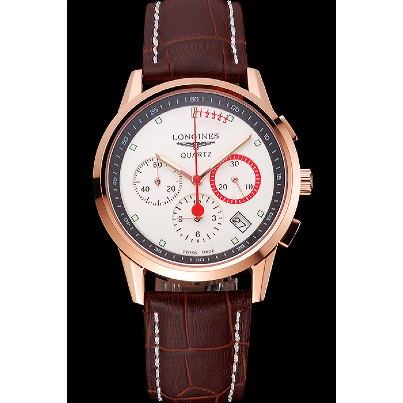 MiroTime Longines Column Wheel White Dial Gold Case Brown Leather Strap