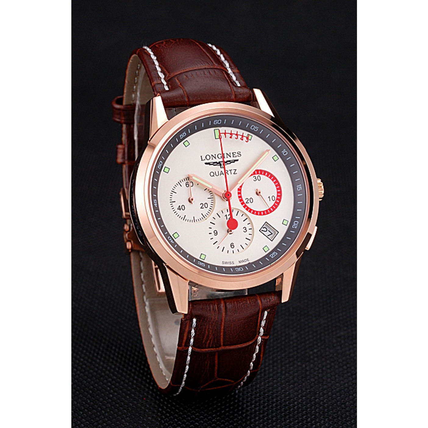 MiroTime Longines Column Wheel White Dial Gold Case Brown Leather Strap