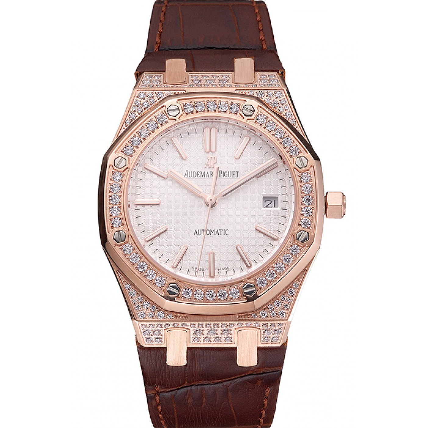 MiroTime Swiss Audemars Piguet Royal Oak White Dial Gold Case With Diamonds Brown Leather Strap