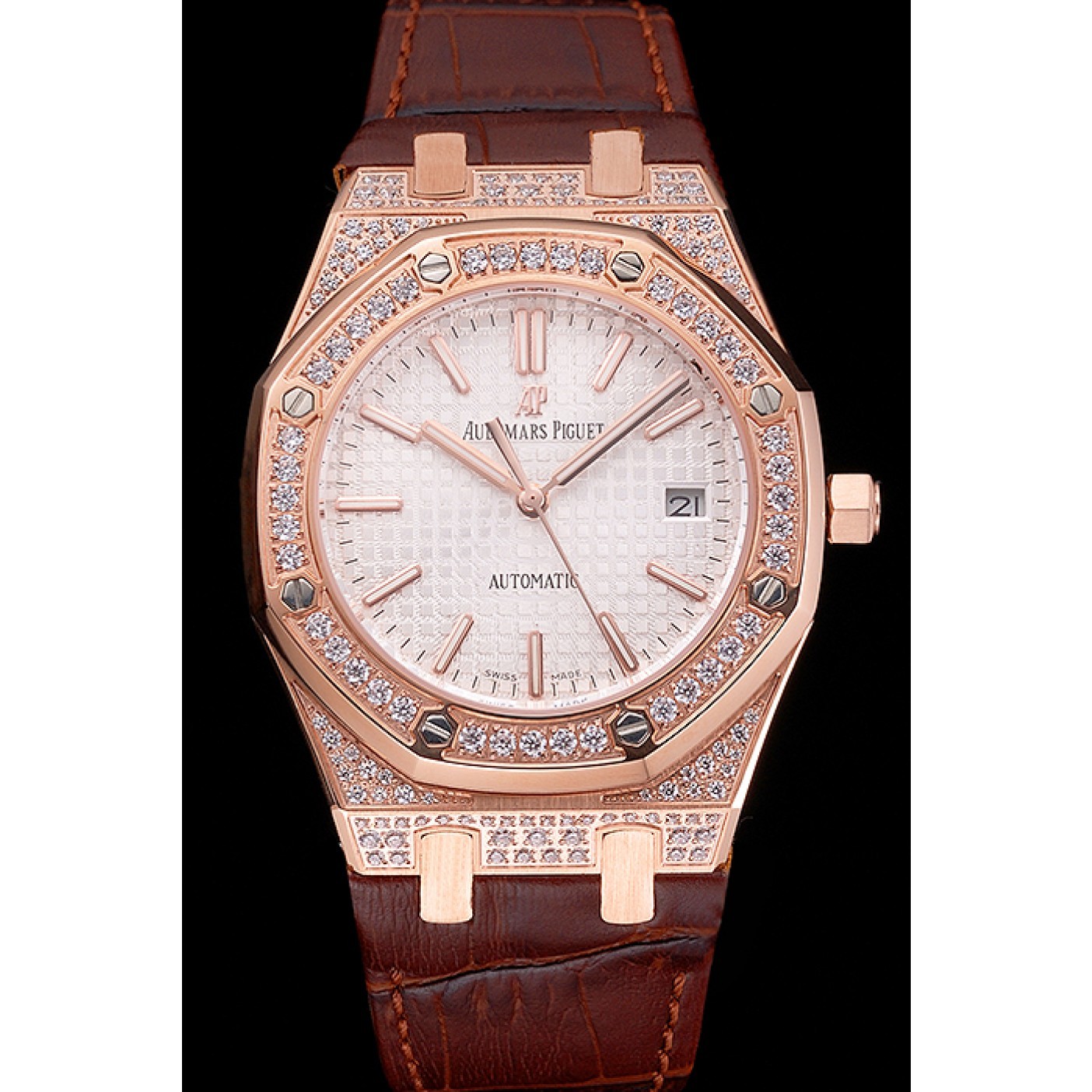 MiroTime Swiss Audemars Piguet Royal Oak White Dial Gold Case With Diamonds Brown Leather Strap
